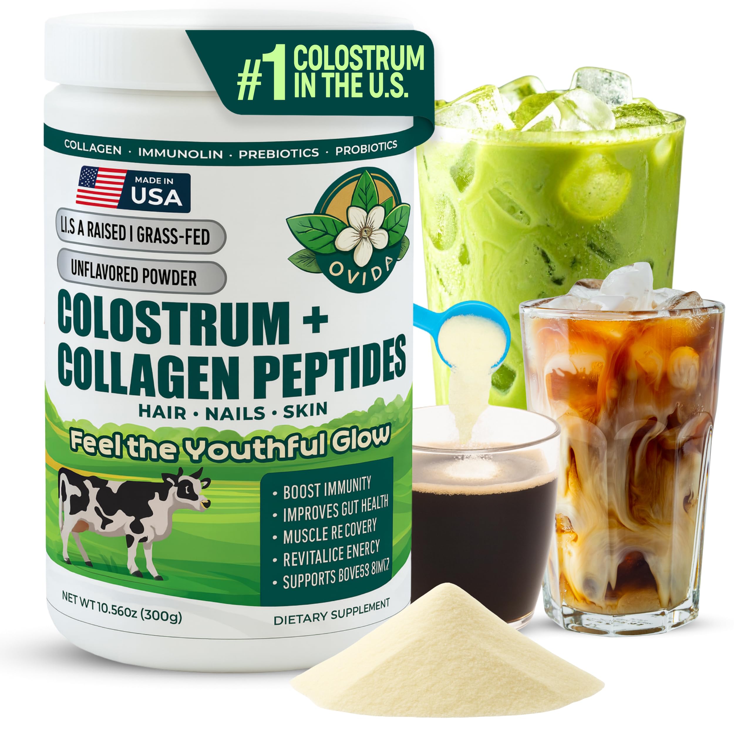 Bovine Colostrum and Hydrolyzed Collagen Peptides Powder Supplement for Women & Men - Supports Gut Health, Joint & Bone Health, Hair Skin Nails - Grass-Fed, Non-GMO, Gluten Free, 300g (30 Servings) OVIDA buy supplements canada