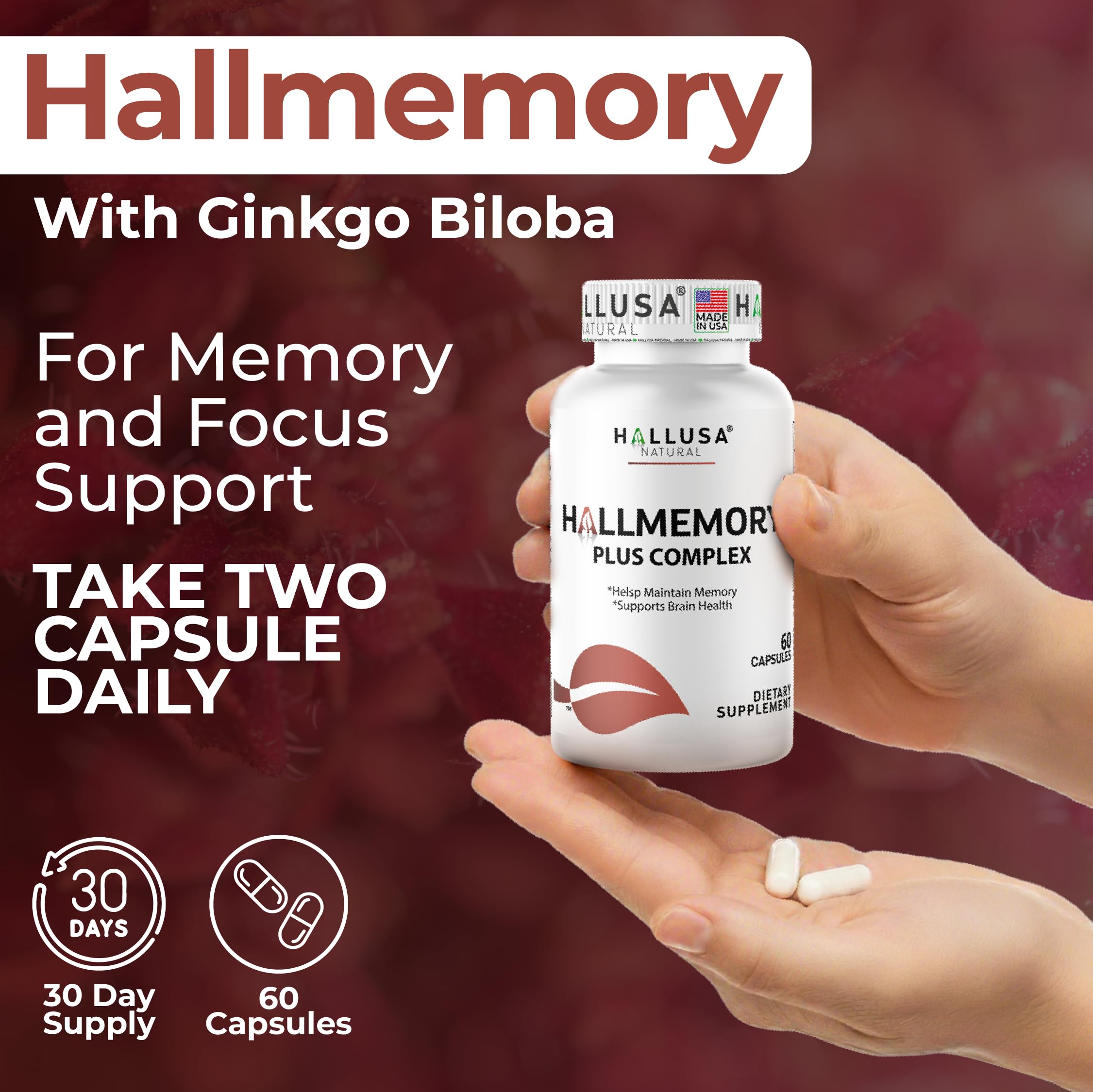 Hallusa Natural Brain Health Supplement Capsules 1680mg, Ginkgo Biloba, B Vitamins & Choline, Memory & Focus Support, Brain Booster for Men & Women, 60 Count Hallusa Natural buy supplements canada