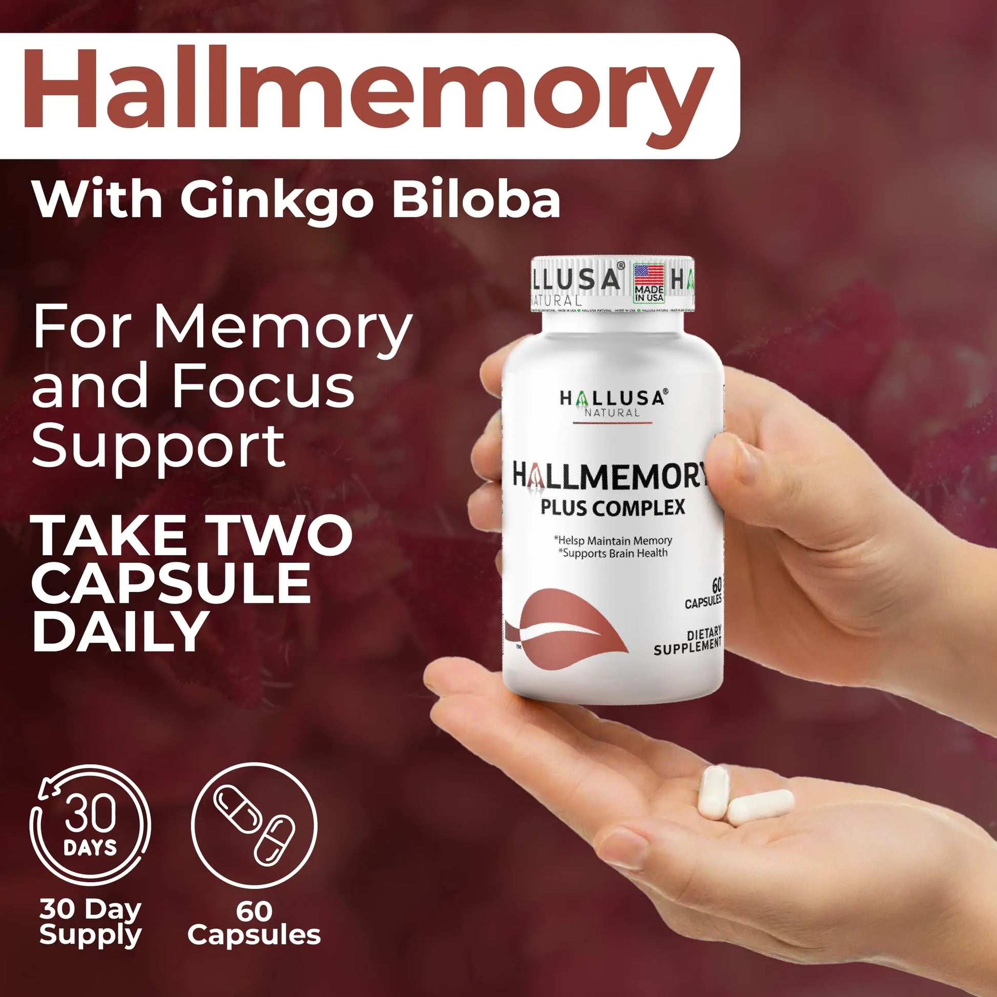 Hallusa Natural Brain Health Supplement Capsules 1680mg, Ginkgo Biloba, B Vitamins & Choline, Memory & Focus Support, Brain Booster for Men & Women, 60 Count Hallusa Natural buy supplements canada
