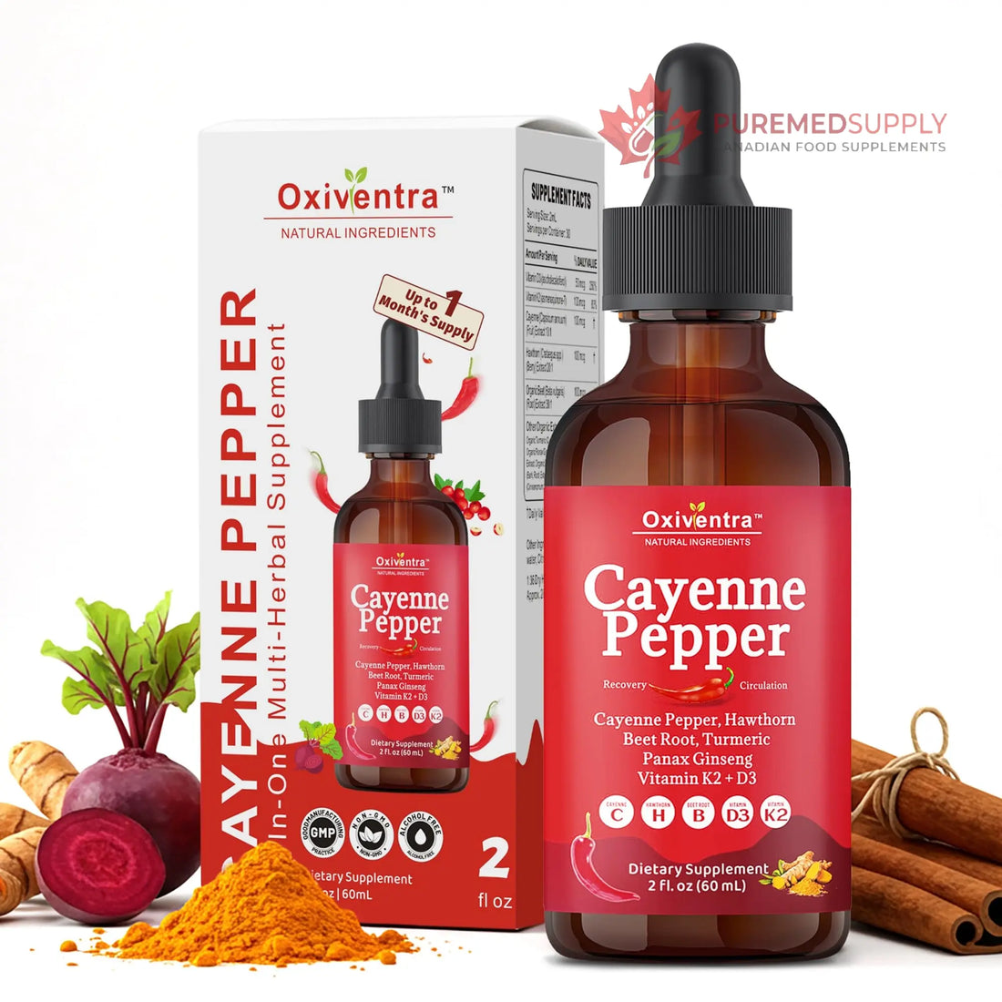 Cayenne Pepper Drops Liquid Supplement Smooth & Sweet Herbal Liquid + Hawthorn Berry, Vitamin D3 K2 Beet Root Powder, Ceylon Cinnamon, Turmeric Curcumin, Organic Panax Ginseng - 2fl oz Oxiventra buy supplements canada