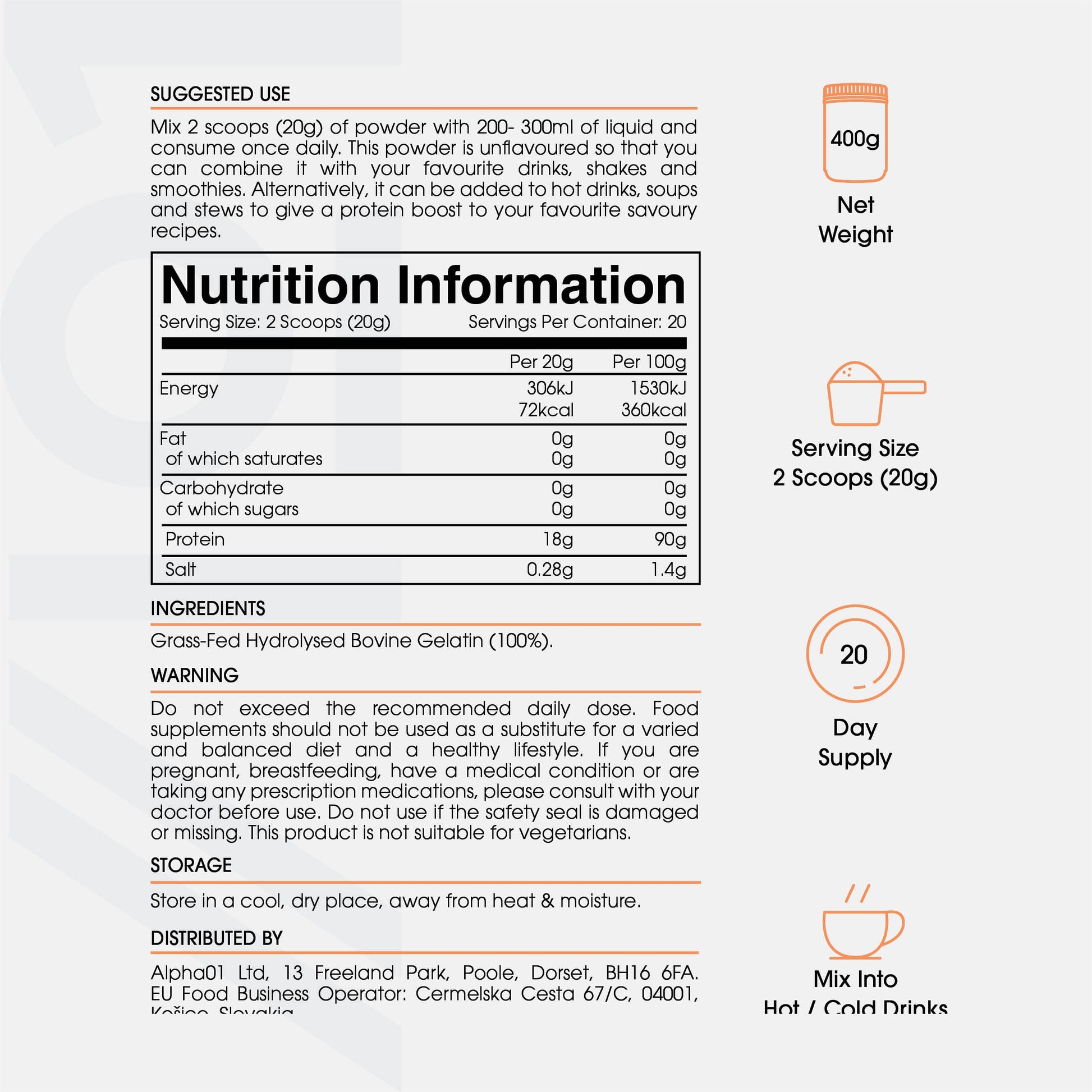 Bone Broth Beef Protein Powder - 400g - Unflavoured - 100% Grass-Fed & Pasture Raised Beef ALPHA01 buy supplements canada