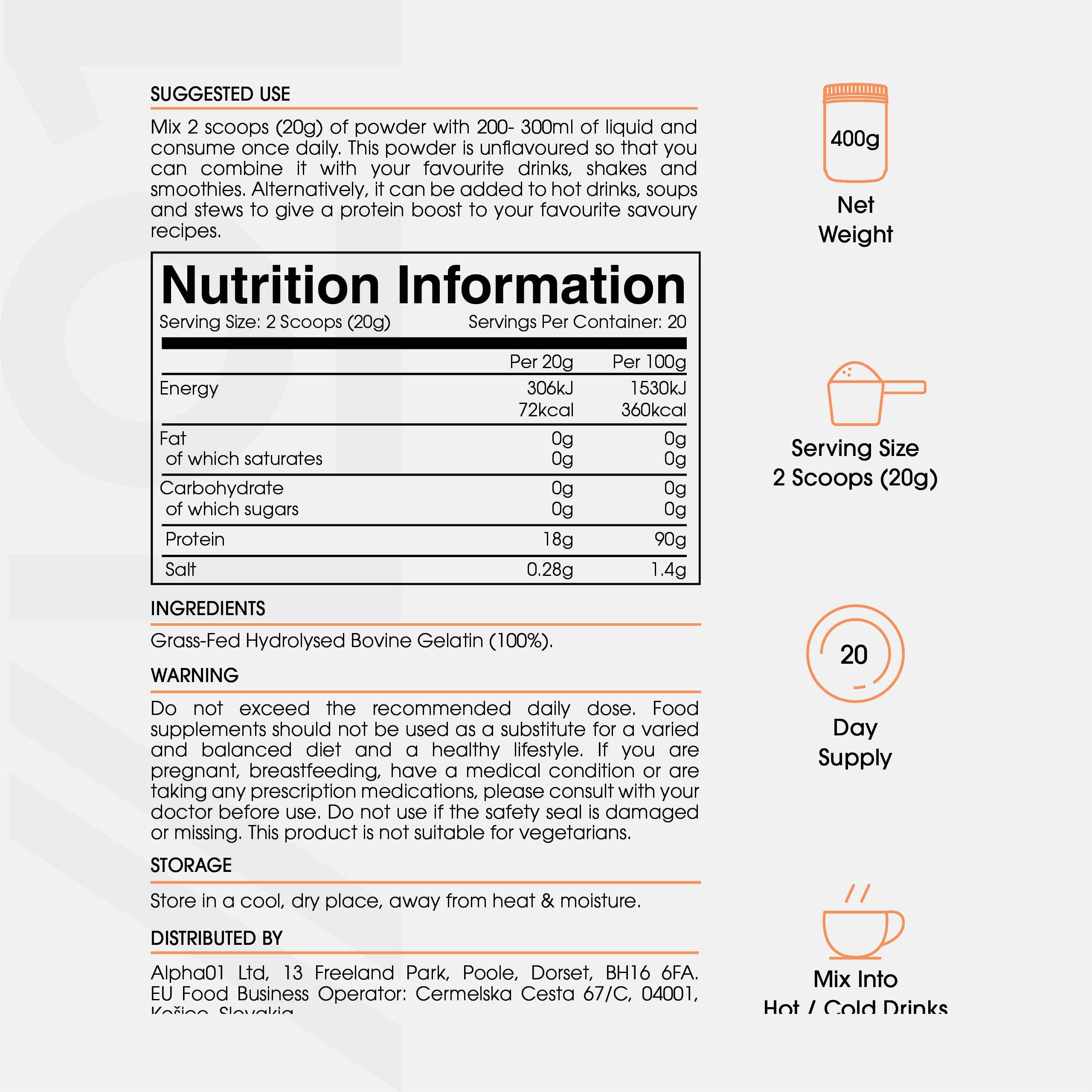 Bone Broth Beef Protein Powder - 400g - Unflavoured - 100% Grass-Fed & Pasture Raised Beef ALPHA01 buy supplements canada