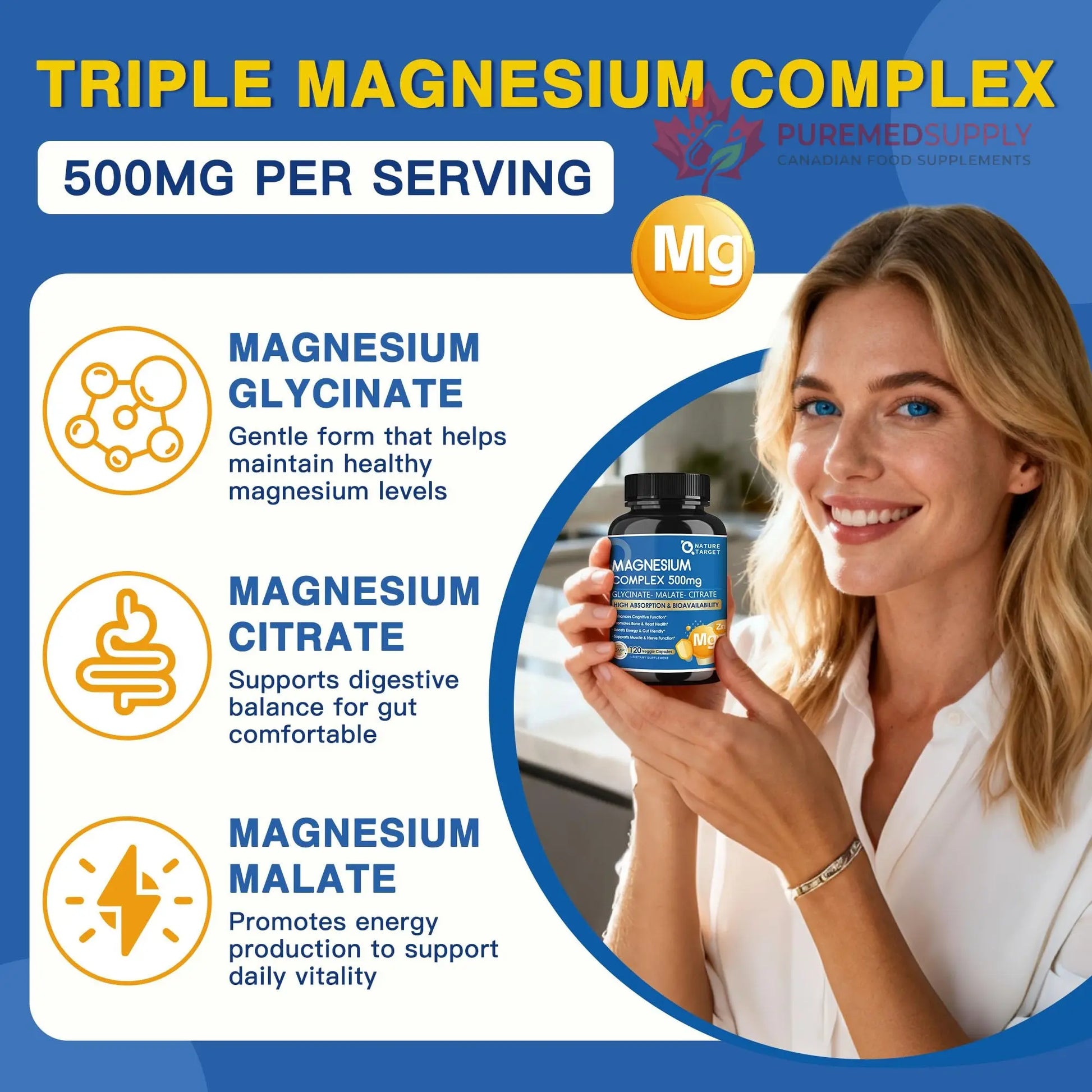 Magnesium Complex 500mg, Magnesium Glycinate, Malate & Citrate - High Absorption Chelated Triple Magnesium Supplement with Zinc, Vitamin D3 for Muscle, Nerve, Bone & Immune Support, Vegan 120 Capsules NATURE TARGET buy supplements canada