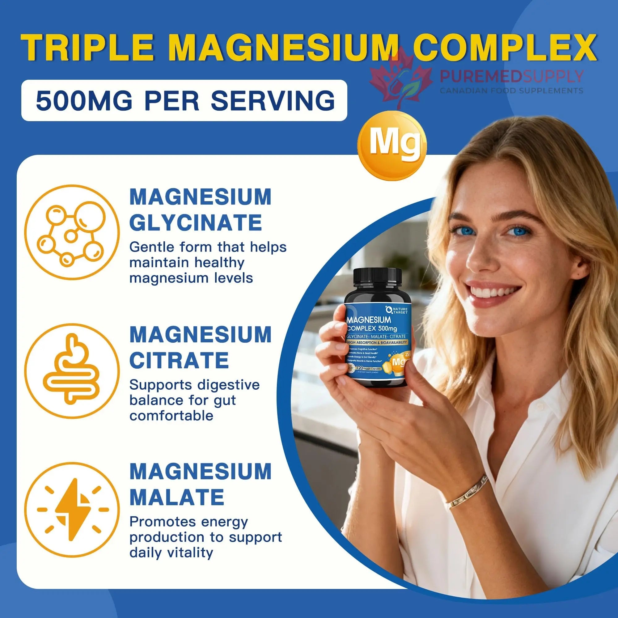 Magnesium Complex 500mg, Magnesium Glycinate, Malate & Citrate - High Absorption Chelated Triple Magnesium Supplement with Zinc, Vitamin D3 for Muscle, Nerve, Bone & Immune Support, Vegan 120 Capsules NATURE TARGET buy supplements canada