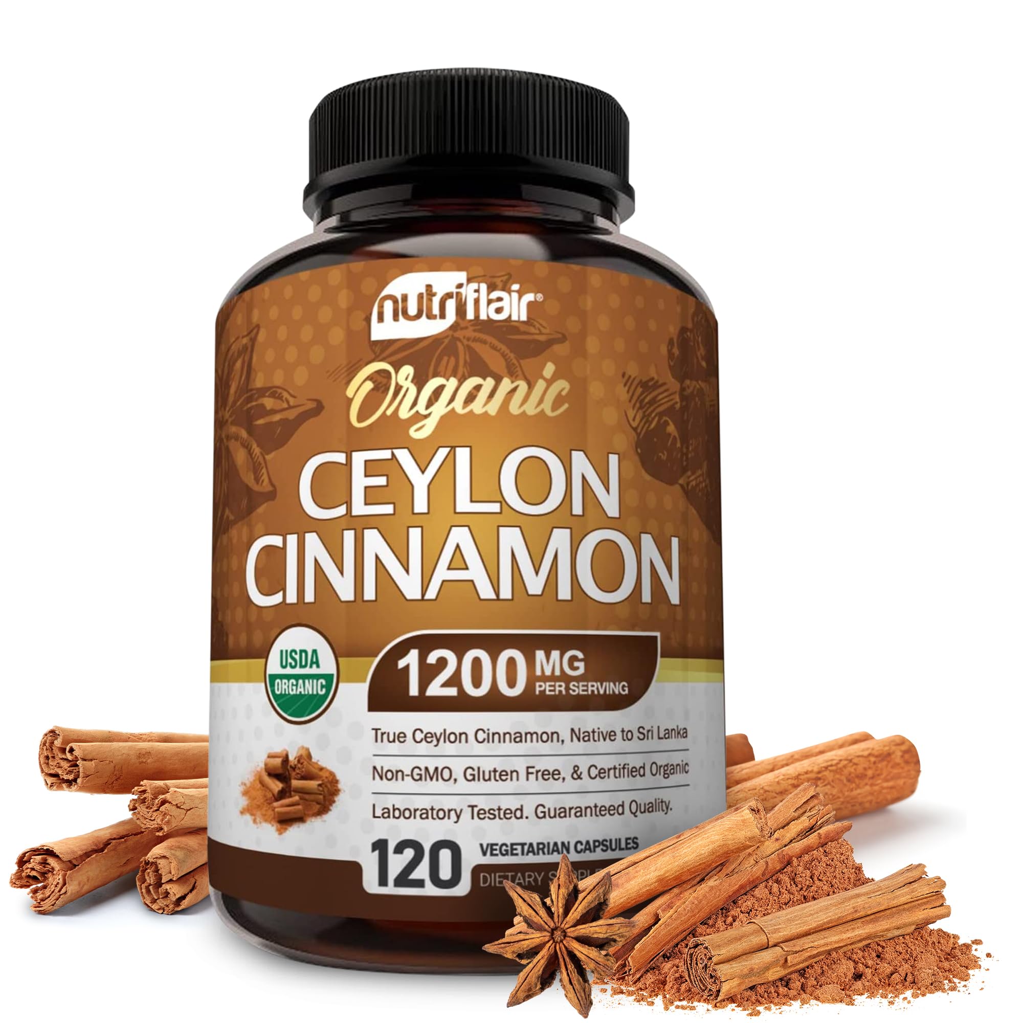 NutriFlair Organic Ceylon Cinnamon Supplement 1200mg, 120 Capsules - USDA Certified - Non-GMO, Gluten Free Powder, Antioxidant Pills NutriFlair buy supplements canada