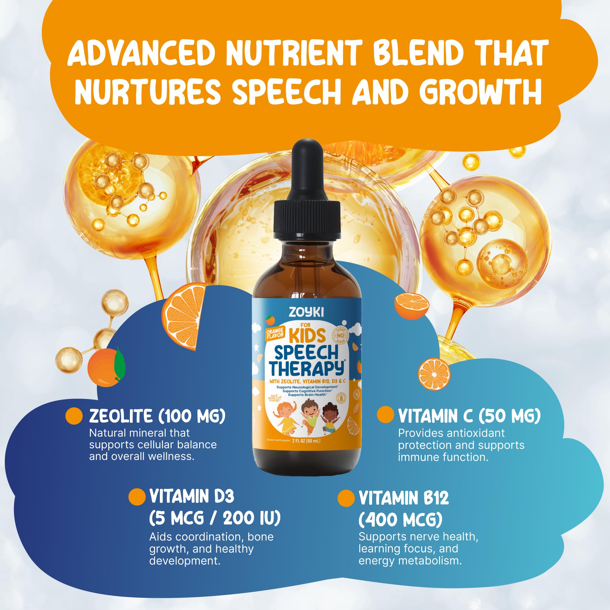 Zoyki Speech Therapy Drops for Kids - Speech Support Supplement for Communication Delay Cognitive Function Language & Brain Development with Zeolite Vitamins B12 D3 C - Sugar Free Gluten-Free Vegan Zoyki buy supplements canada