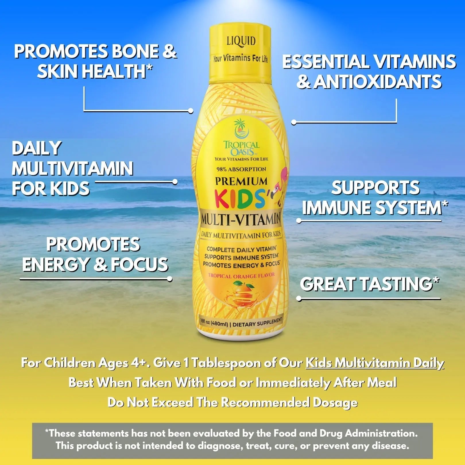 Premium Liquid Multivitamin For Kids | Sugar Free Kids Vitamins | 100% DV of 14 Vitamins for Kids | Multivitamin for Children Ages 4+ | Tropical Oasis buy supplements canada