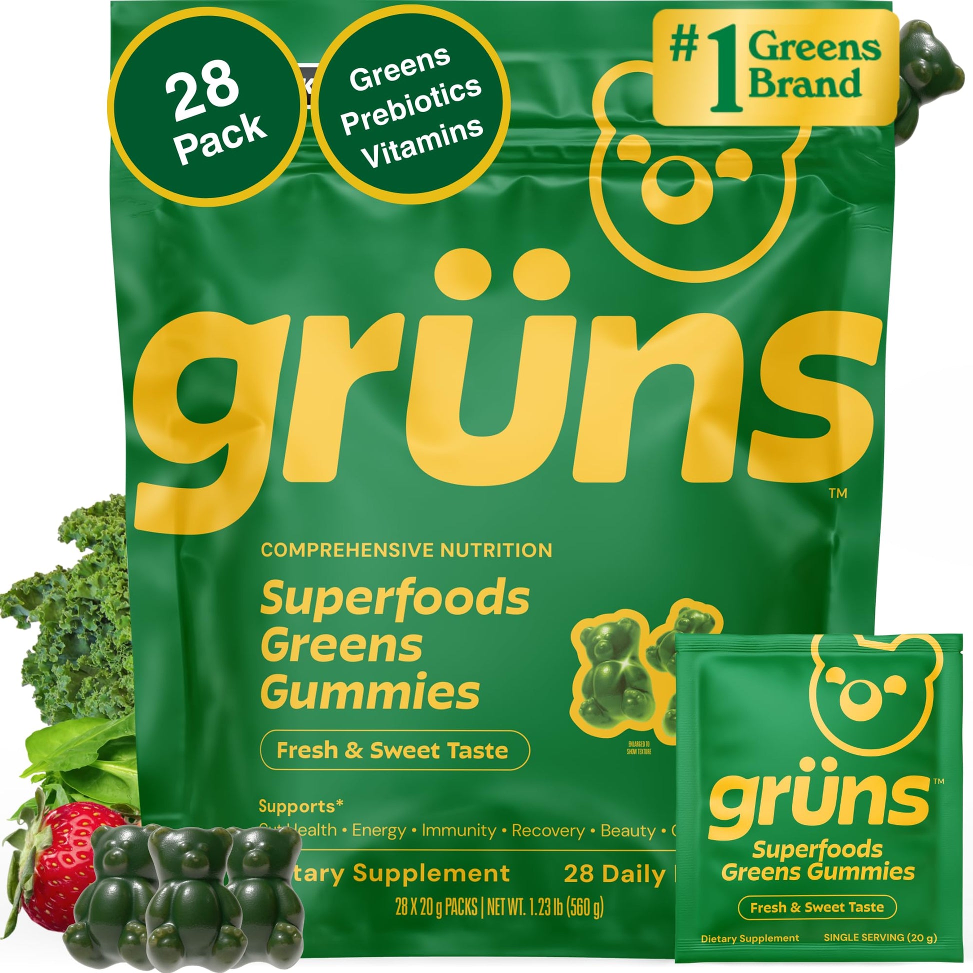 Gruns Adult Super Greens Multivitamin Gummies, Superfood Gummy Vitamins for Women and Men with Spirulina, Chlorella, Adaptogens & Prebiotic Fiber for Digestive Health (28 Count) Grüns buy supplements canada