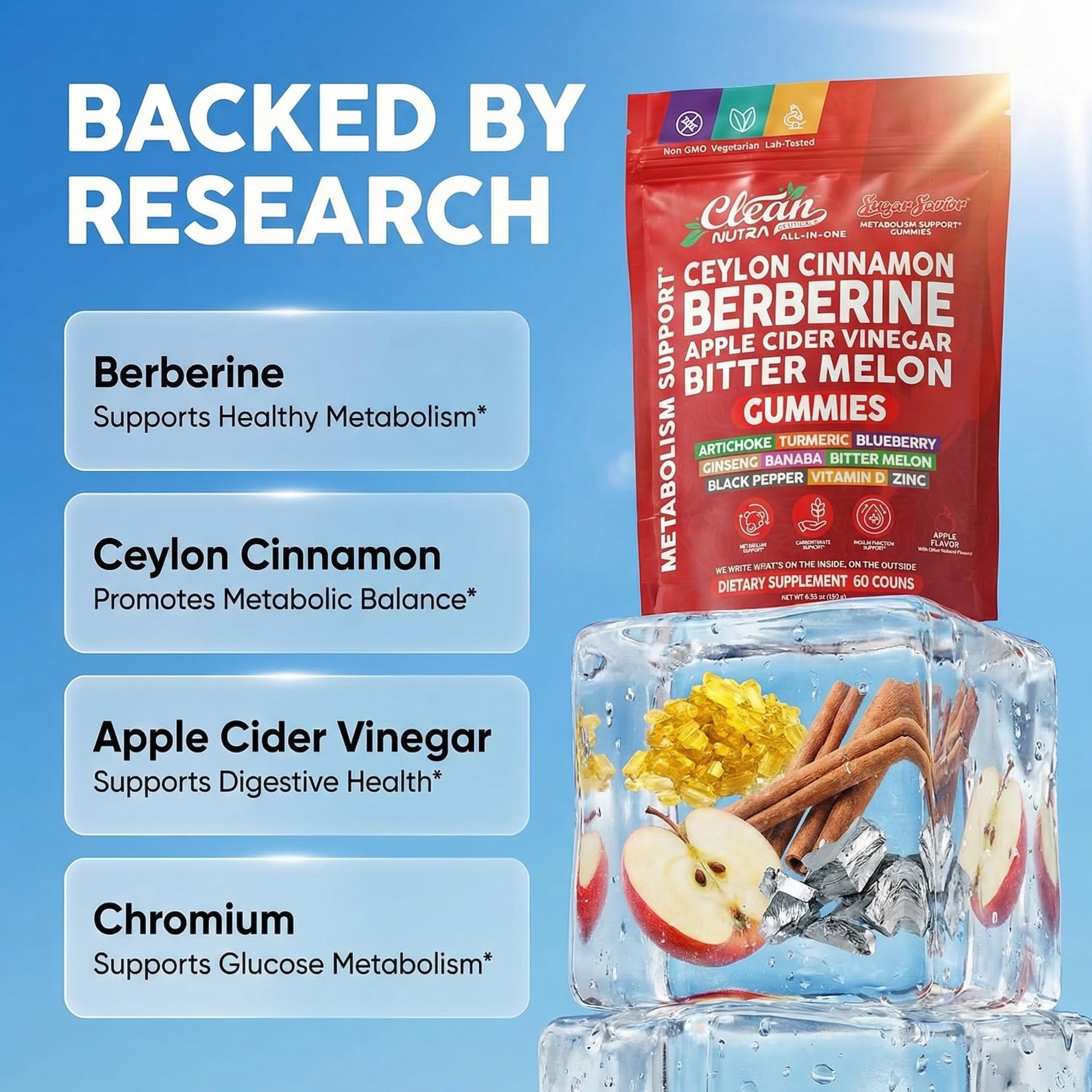 Sugar Savior Ceylon Cinnamon Berberine Gummies Apple Cider Vinegar Artichoke Turmeric Blueberry Ginseng Banaba Bitter Melon Black Pepper Vitamin D Zinc GLP1 Gummies 60 Count by Clean Nutra Clean Nutraceuticals buy supplements canada