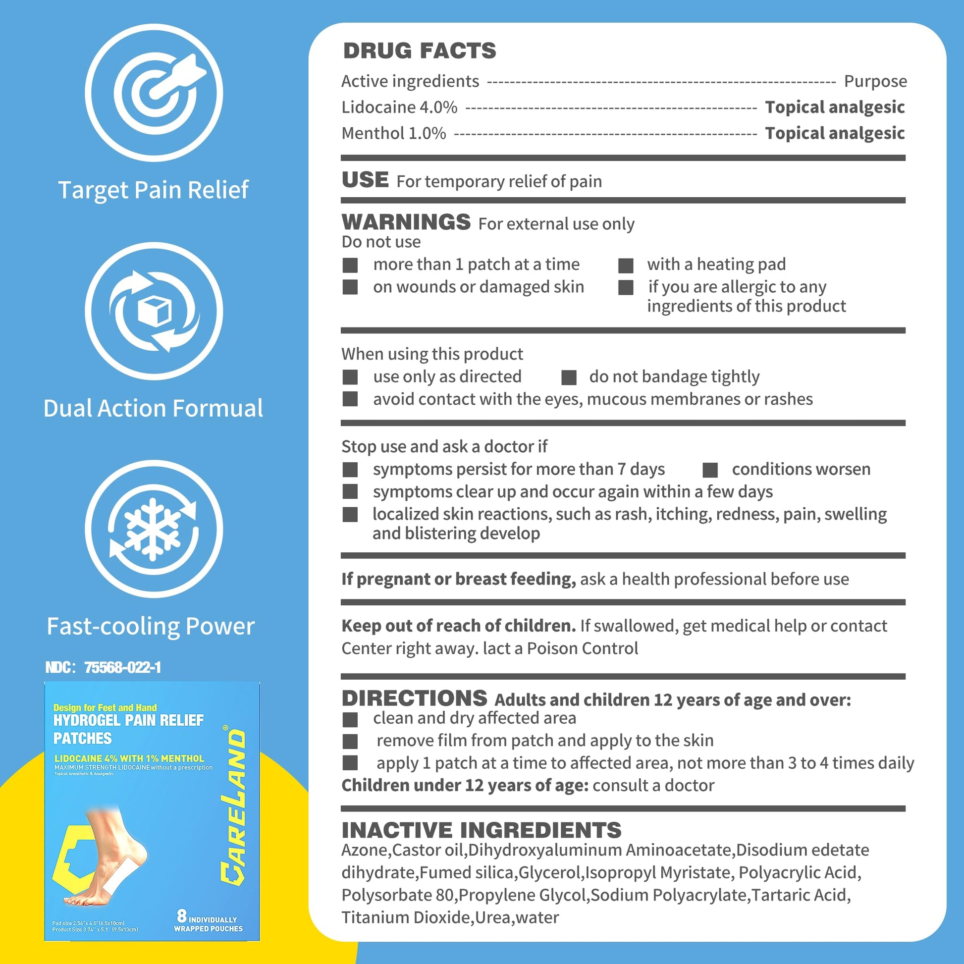 CARELAND Plantar Fasciitis Lidocaine Pain Patches with Hydrogel Technology- Waterproof with Sticky Border, 12 Hour Pain Relief - Contours to Your Foot - 16 Ct CARELAND buy supplements canada