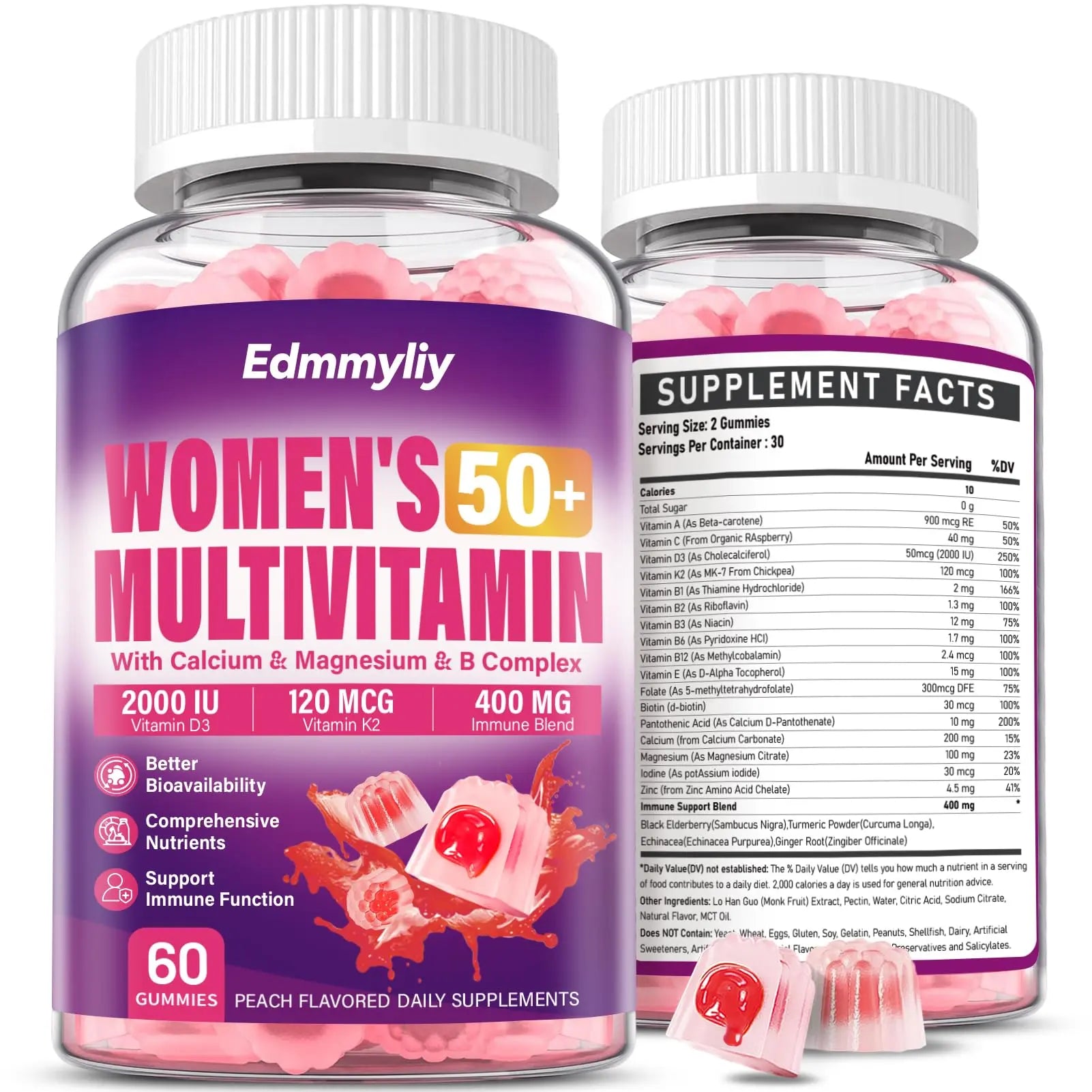 Womens Multivitamin Gummy 50 and Over - Chewable Multi Vitamin A, C, D3, E, K2 & B Complex, Folate, Biotin, Calcium, Magnesium Edmmyliy buy supplements canada