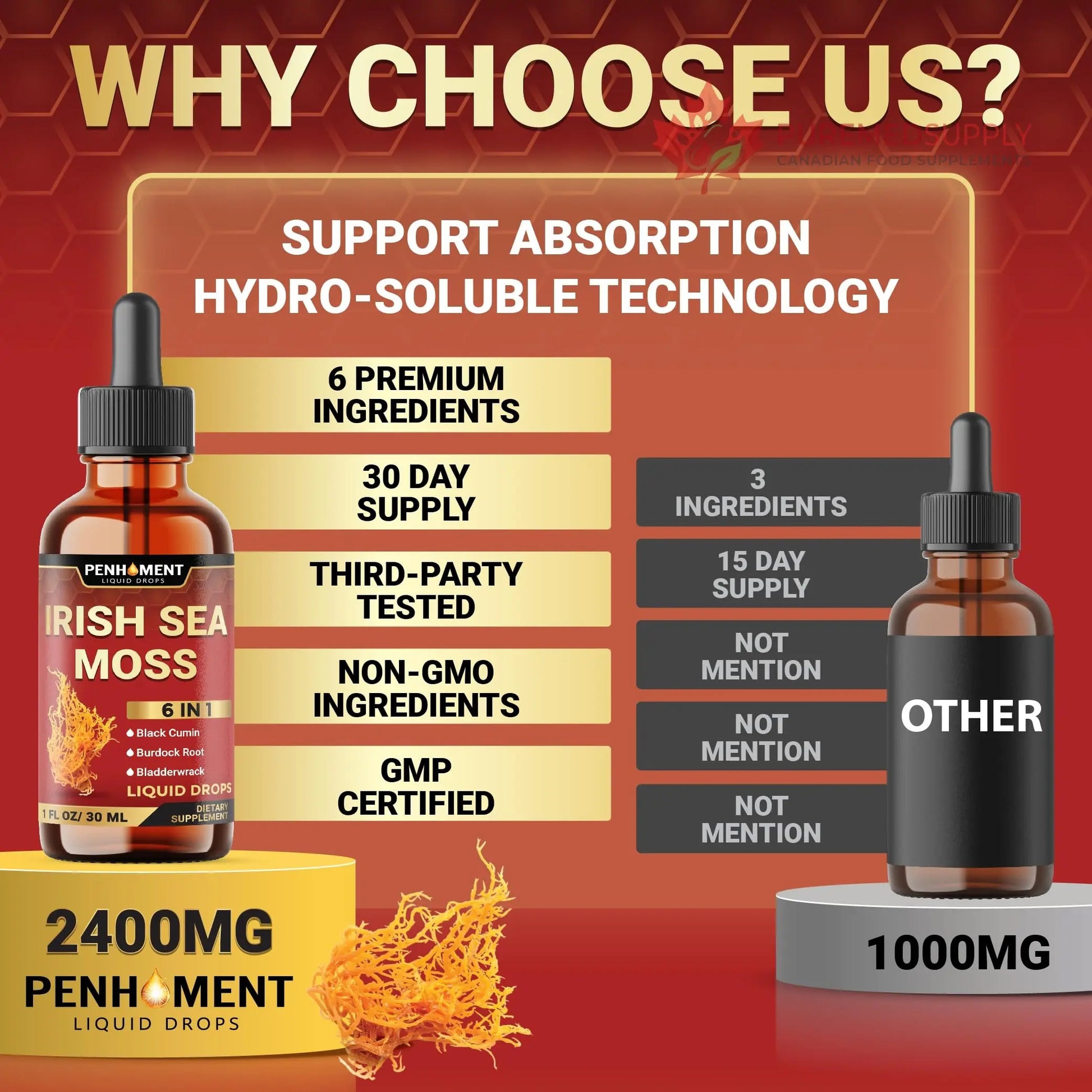 Penhoment 6in1 Sea Moss Drops with Black Seed Oil Irish Seamoss, Ashwagandha, Burdock Root & Bladderwrack - 1FL Oz - 30 Day Supply Penhoment buy supplements canada