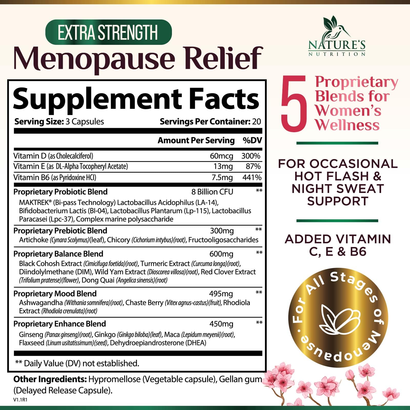 Menopause Supplement for Women - Natural Menopause Relief Support for Mild Hot Flashes & Night Sweats - Best Probiotics for Women, Dong Quai, Black Cohosh, Ashwagandha - Bottled in USA - 60 Capsules Nature's Nutrition buy supplements canada