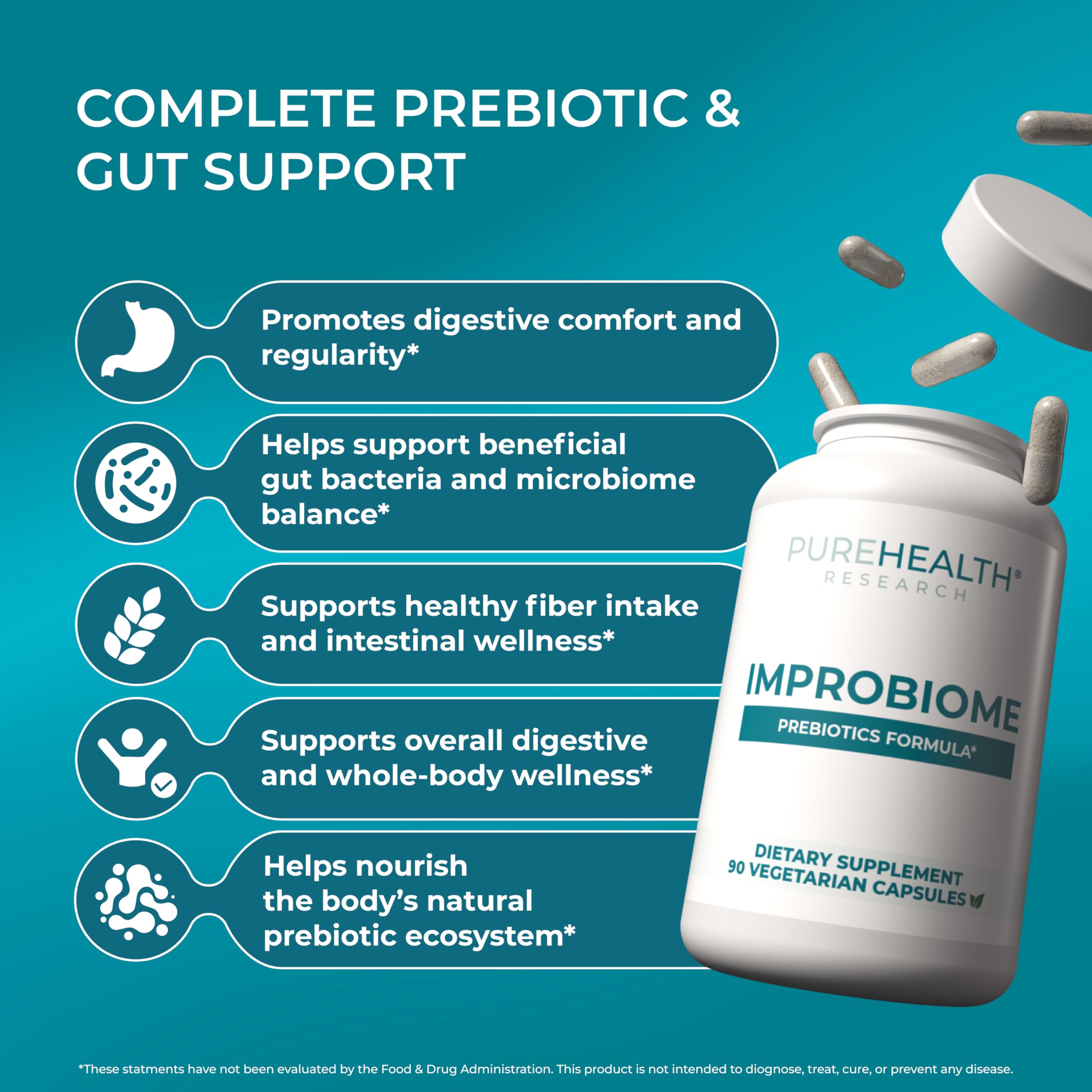 PUREHEALTH Research Improbiome - Prebiotic Fiber - Natural Support for Healthy Gut Prebiotics - Digestive Nutritional Supplements - with Jerusalem Artichoke,