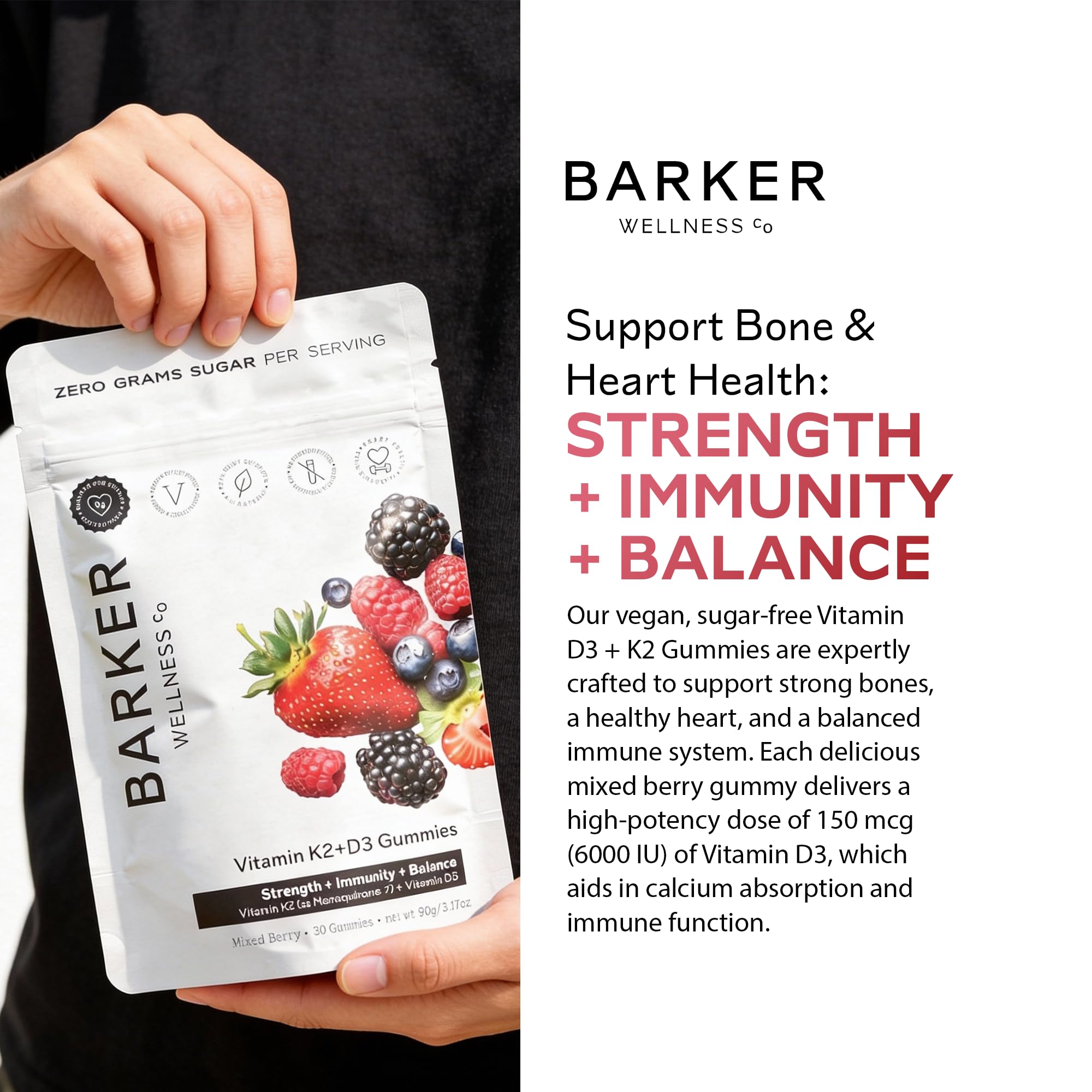 Barker Wellness D3 K2 Vitamin Gummies – Max Potency 6000IU D3 + 200mcg K2 for Strong Bones, Cardiovascular Wellness, Immune Support | Vegan, Sugar-Free, Delicious Mixed Berry | 30 Servings Barker Wellness Co buy supplements canada