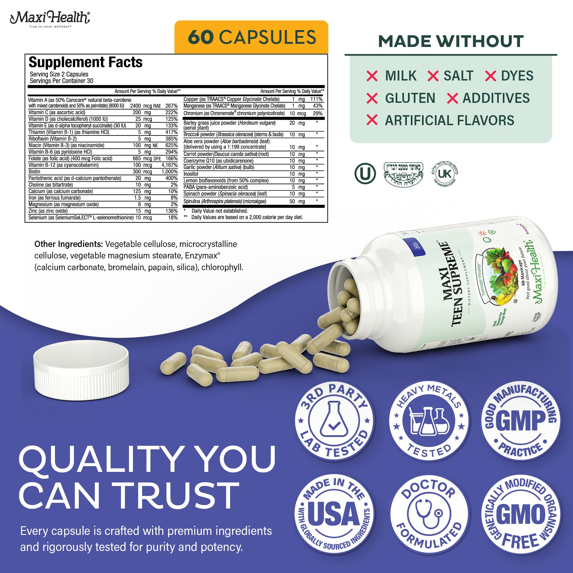 Teen Vitamins for Boys 12-17 - Teen Multivitamin Supreme with D3, Iron, Calcium, Biotin, Digestive Enzymes Maxi Health buy supplements canada