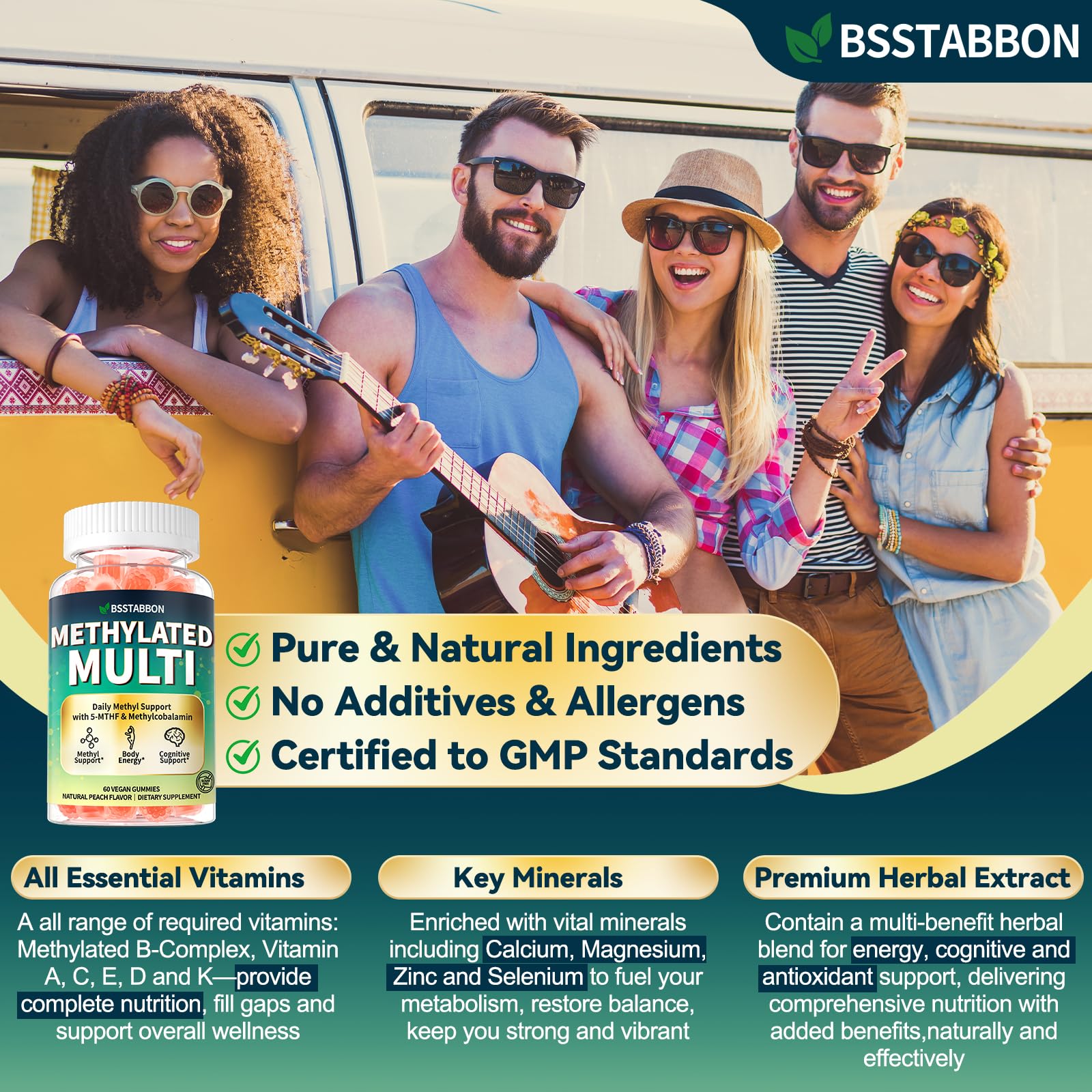 BSSTABBON Methylated Multivitamin for Women Men: Organic Iron Free Multivitamins Gummies plus 5-MTHF Active B12 P5P CoQ10 NAC TMG - Chewable Sugar Free Gummy for Energy Immune Overall Health(120Count) BSSTABBON buy supplements canada