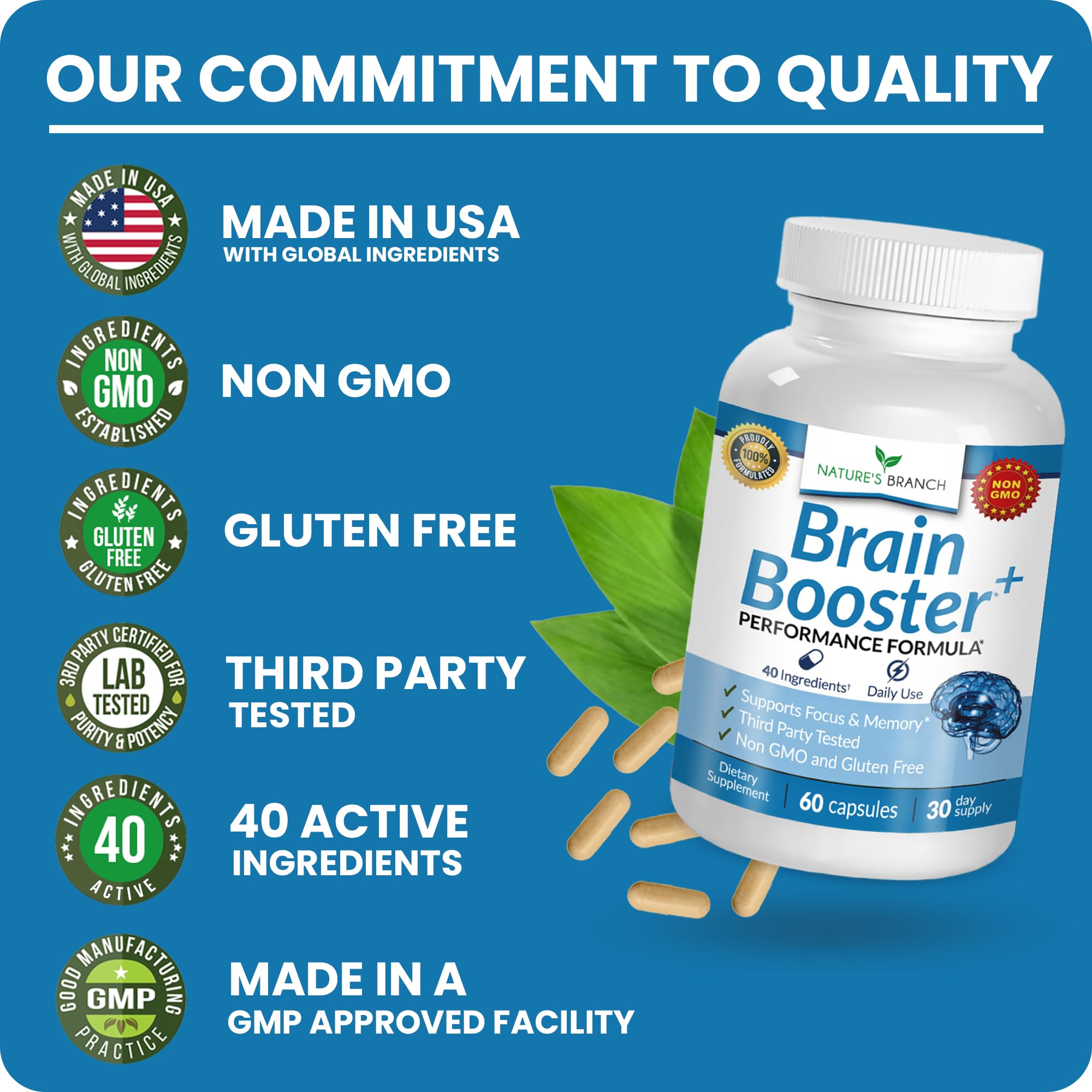 40-in-1 Brain Booster Supplement for Focus, Memory, Clarity, Energy | Advanced Vitamins Plus eBook | for Men & Women, Cognitive Function Nootropic Support with DMAE, Mind Health Formula | 60 Capsules NATURE'S BRANCH buy supplements canada