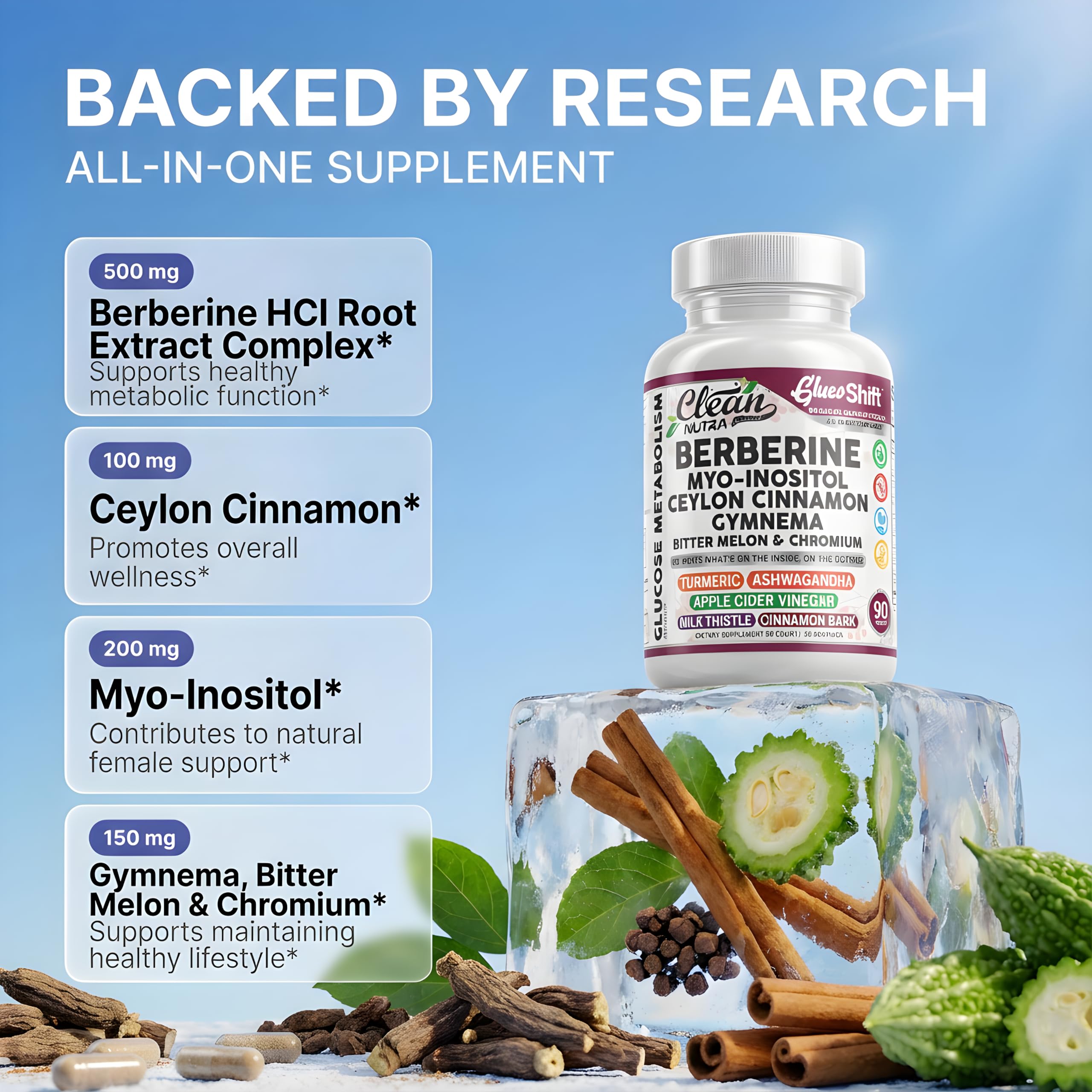Clean Nutra Berberine Supplement Myo-Inositol Ceylon Cinnamon Gymnema Bitter Melon Chromium Complex for Digestion, Antioxidant Support & Wellness 90 Vegan Capsules Non-GMO Clean Nutraceuticals buy supplements canada