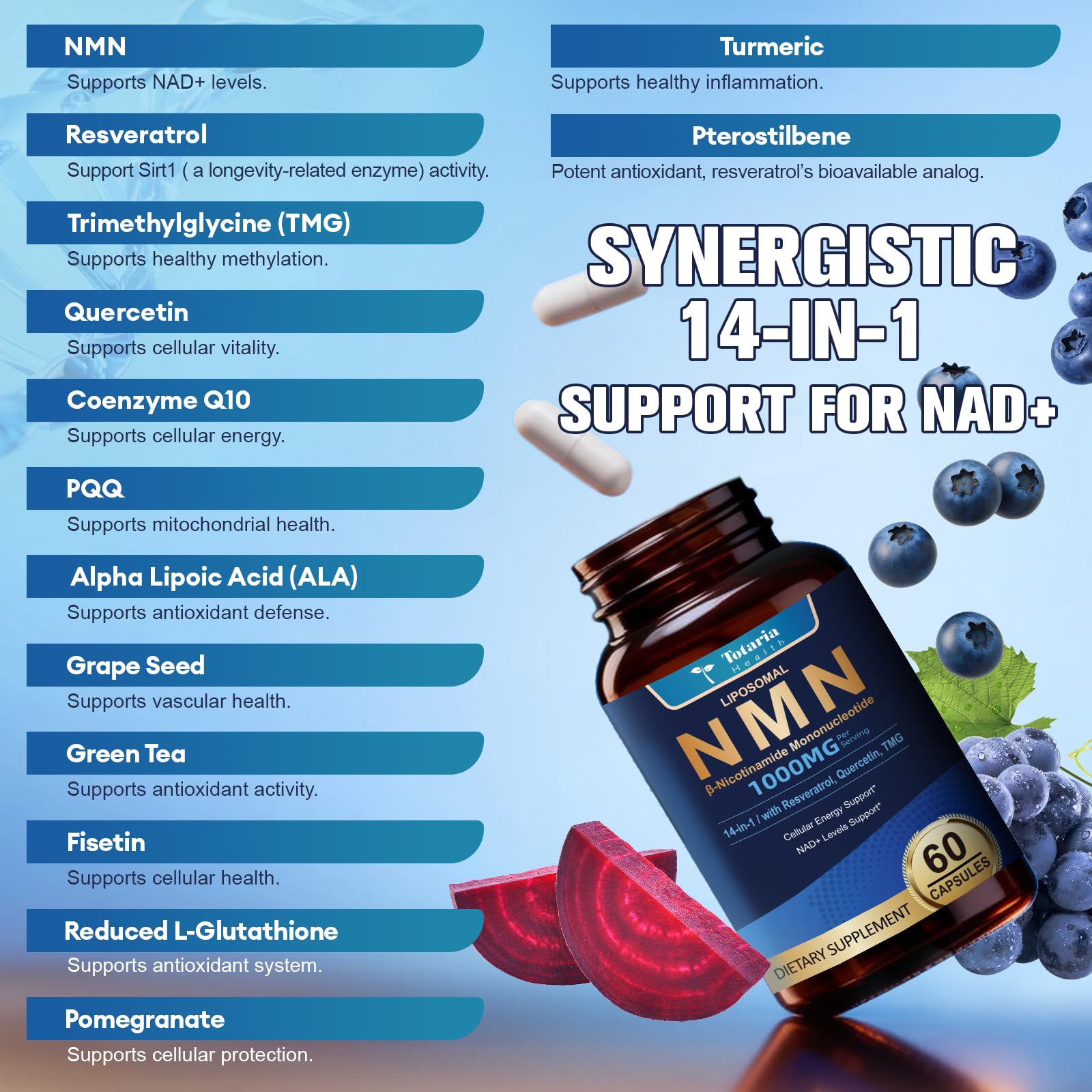 Totaria Liposomal NMN Supplement 1000mg, 14-in-1 NMN Resveratrol Complex with CoQ10, TMG, Quercetin, ALA, PQQ, Support NAD Levels, Cellular Energy & Healthy Aging, 60 Capsules, cGMP, Filler Free Totaria buy supplements canada