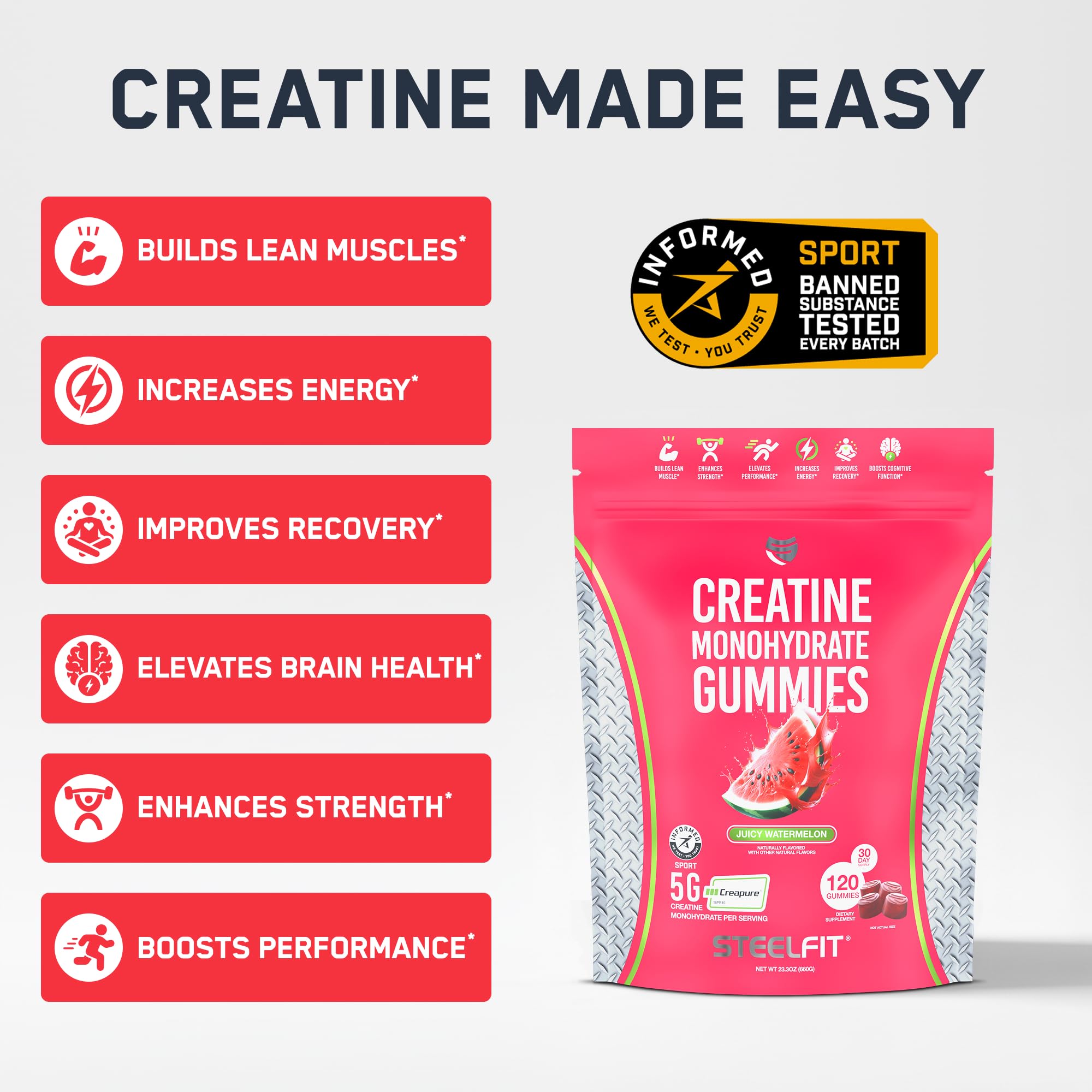 SteelFit Creapure Creatine Monohydrate Gummies for Men & Women, Juicy Watermelon - Gym Workout Nutritional Supplements for Muscle Gain, Brain Health & Strength Building Dietary Supplement, 120 Gummies SteelFit buy supplements canada