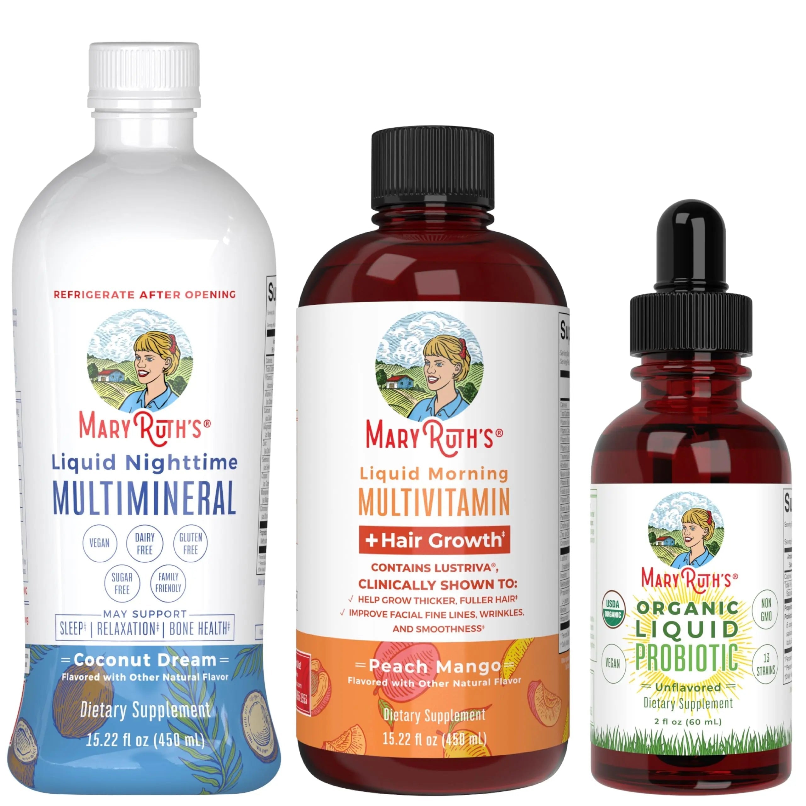 MaryRuth's Morning Multivitamin +Hair Growth (Peach Mango, 15oz), Nighttime Multimineral (Coconut, 15oz) & Probiotic Drops (2oz) | MARYRUTH'S buy supplements canada