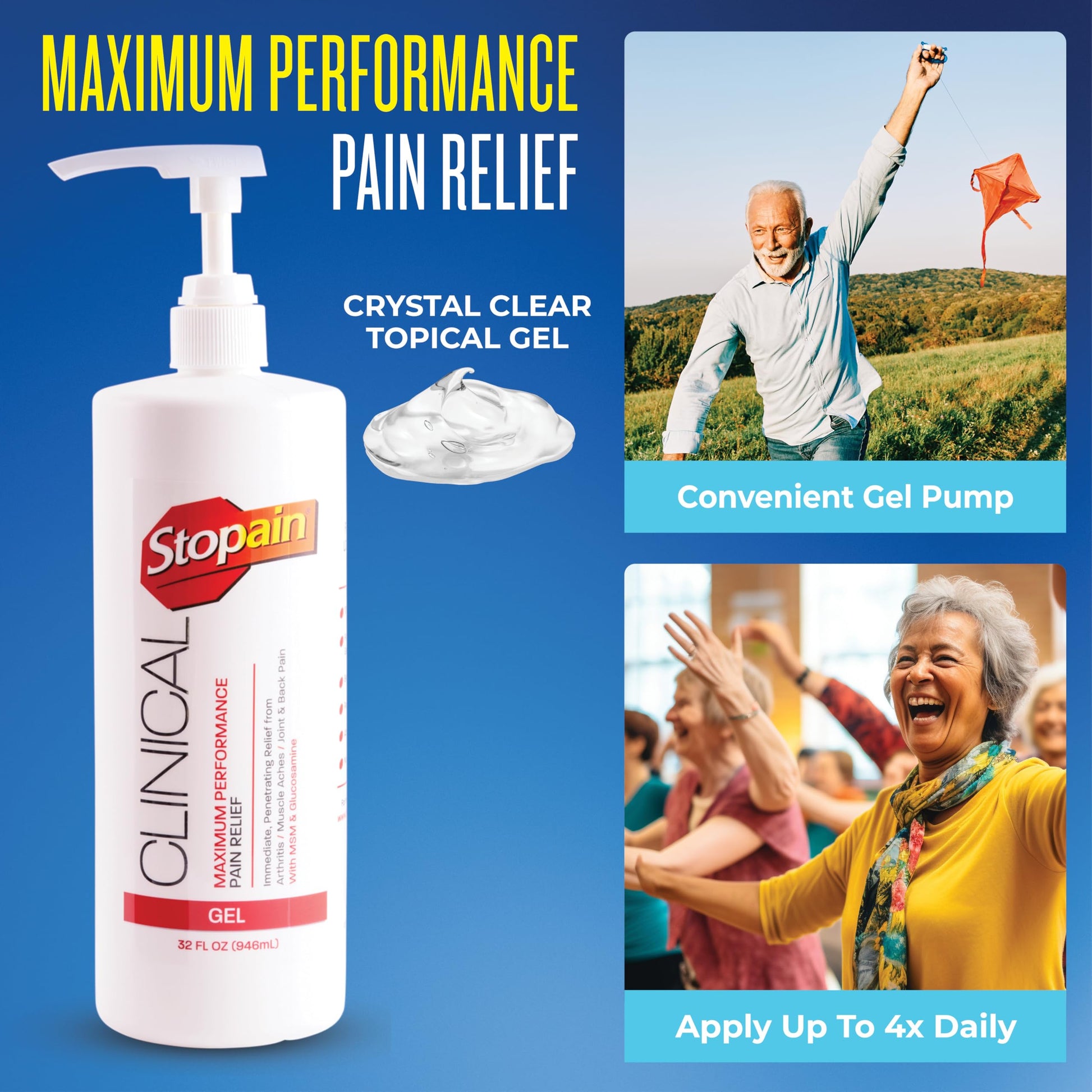 Stopain Clinical Pain Relief Gel 32 oz - Professional Formula for Arthritis, Knee, Back & Muscle Pain - Maximum Strength Gel for Joint & Nerve Pains with 10% Menthol Plus Glucosamine - Made in USA Stopain buy supplements canada