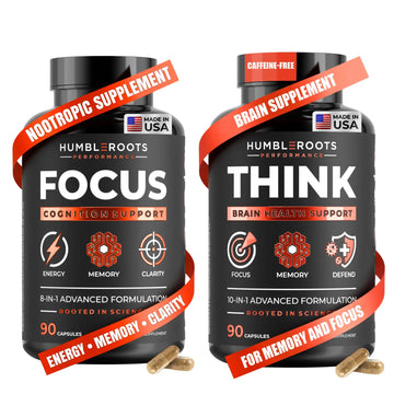 FOCUS + THINK Nootropic Brain Supplement Bundle - Energy, Memory & Focus Support - Caffeine + Caffeine-Free Cognitive Stack with Lion's Mane, Bacopa, Citicoline & L-Theanine - 2 Bottles (90 + 90 Capsu HUMBLEROOTS PERFORMANCE buy supplements canada