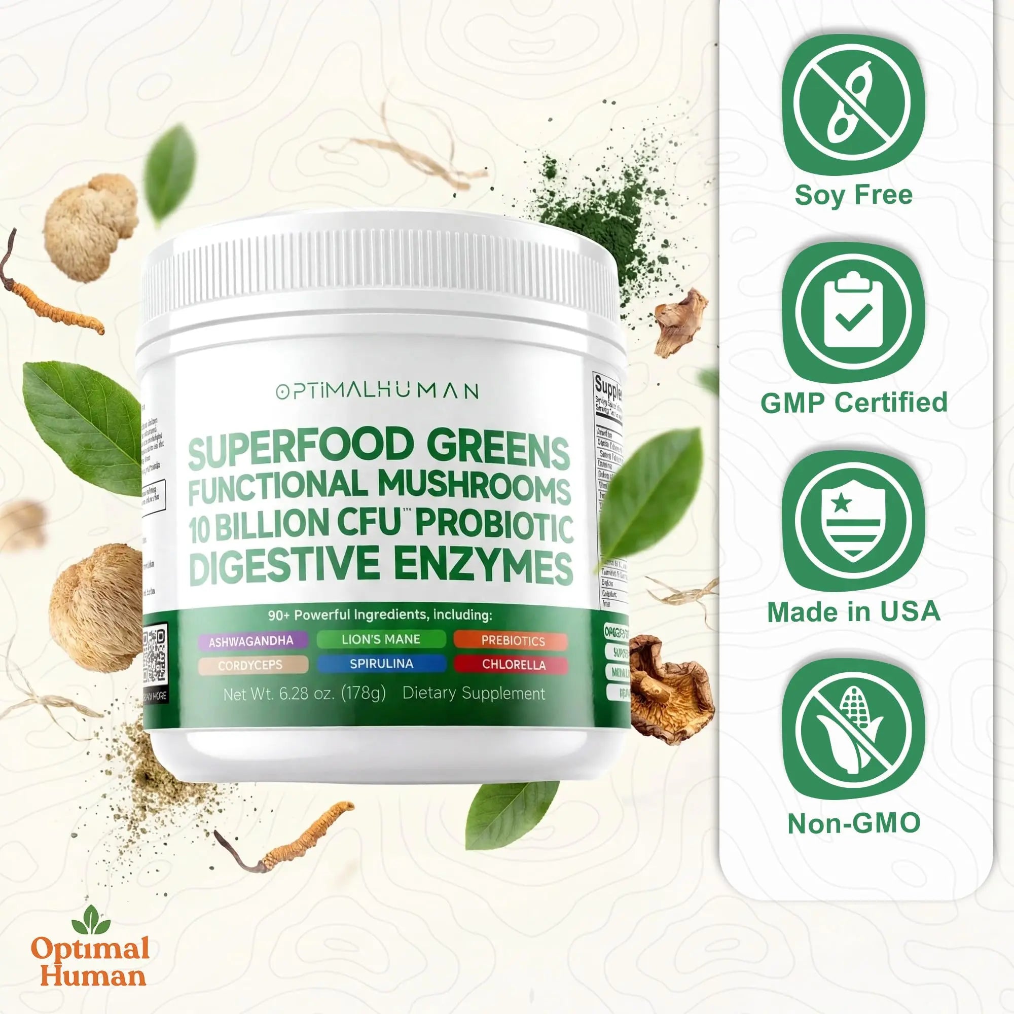 Optimal Human Superfood Greens Powder – 90+ Ingredient Blend with Lion’s Mane Supplement, Ashwagandha & Turmeric O H buy supplements canada