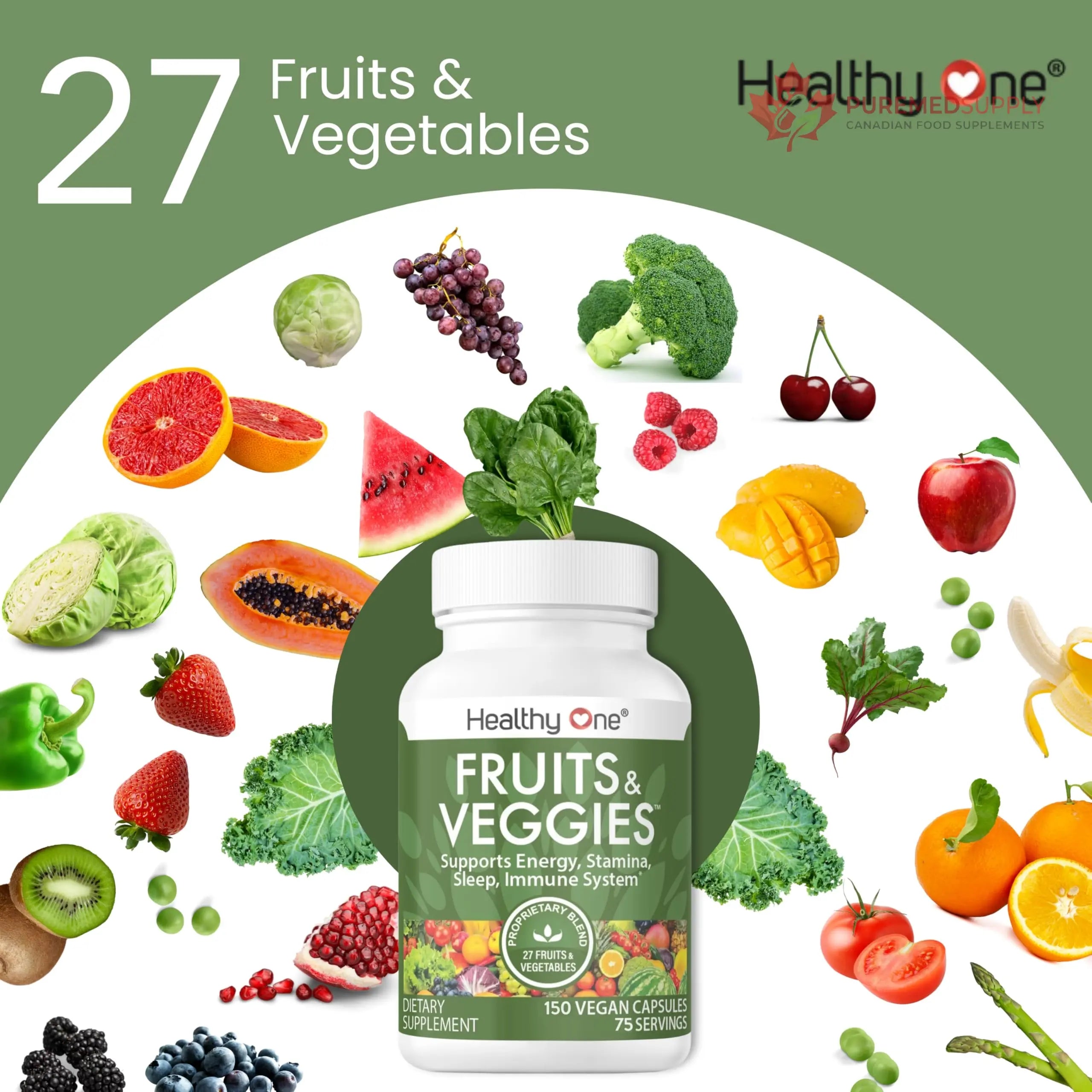 Fruits & Veggies Formula - 27 Premium Whole Foods - Organic Ingredients - Equals 3 Servings of Fruits & Vegetables - Improve Energy, Focus & Immune Function - Fiber - Antioxidants - 120ct (60 Serv) Healthy One buy supplements canada