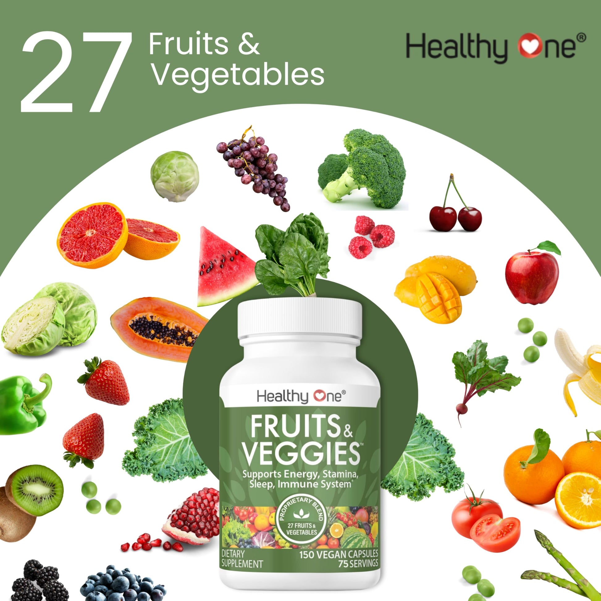 Fruits & Veggies Formula - 27 Premium Whole Foods - Organic Ingredients - Equals 3 Servings of Fruits & Vegetables - Improve Energy, Focus & Immune Function - Fiber - Antioxidants - 120ct (60 Serv) Healthy One buy supplements canada