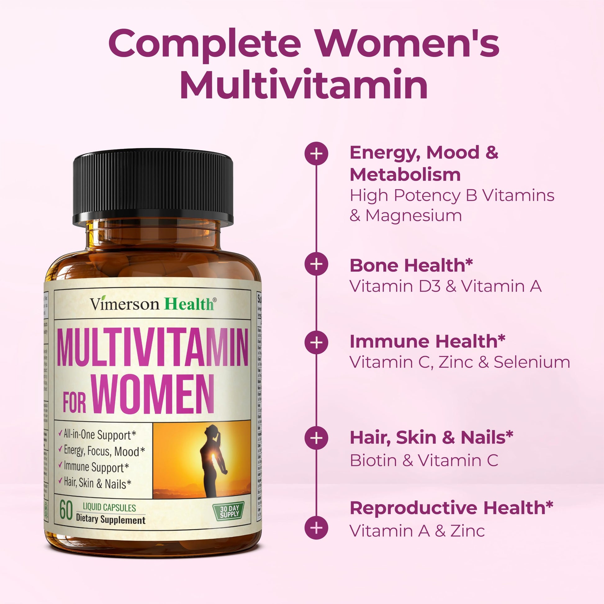Multivitamin for Women with Bioavailable Vitamins, Minerals, Vitamin D, B12, C, A & Zinc for Energy, Focus and Immune Health – Premium Womens Multivitamins & Multiminerals – 60 Liquid Caps Vimerson Health buy supplements canada