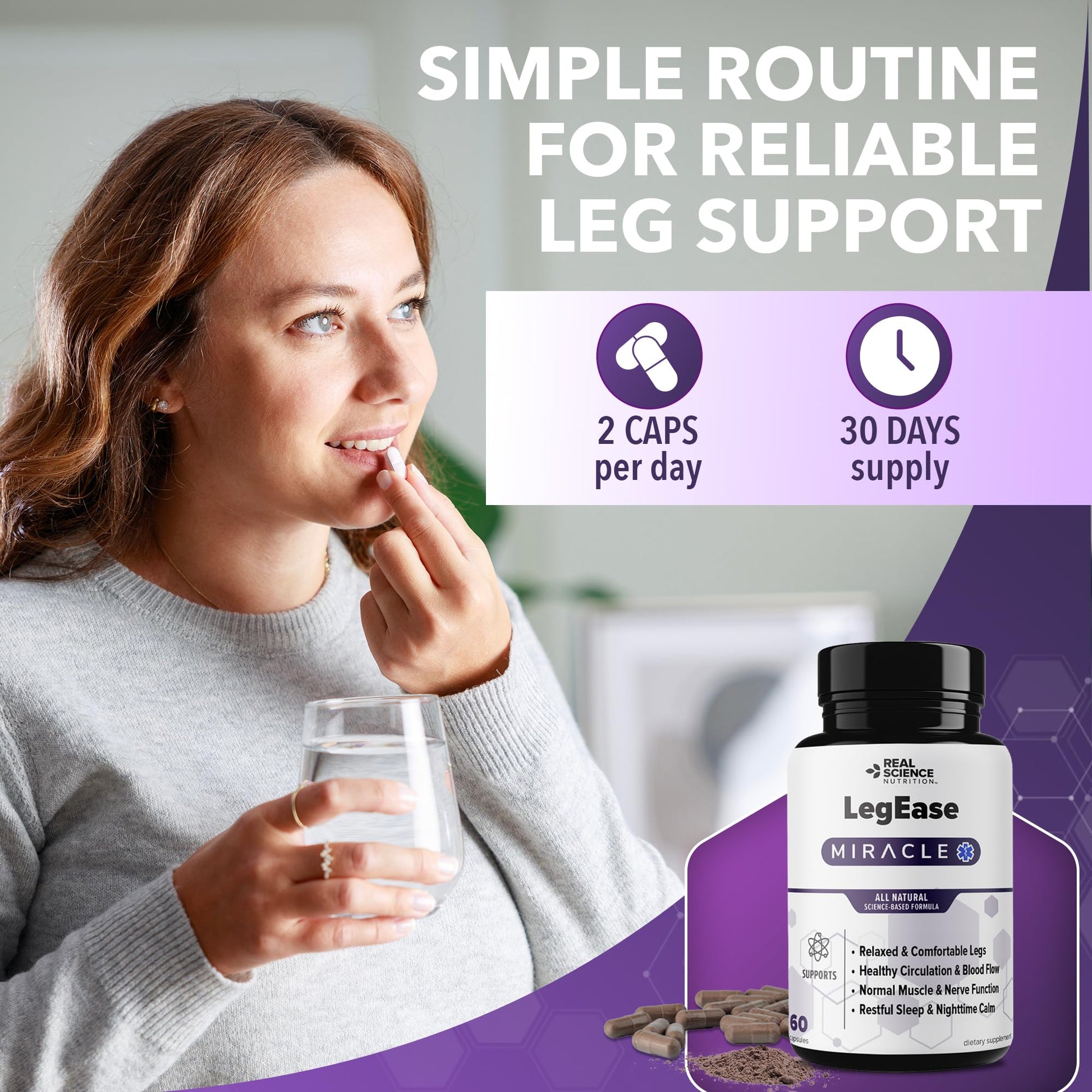 Real Science LegEase Miracle – All Natural Restless Legs Syndrome Relief & Leg Cramp Supplement with Vitamins C, D, K, B6, B12 + Nitric Oxide Support – Sleep & Circulation Aid – Made in USA, 60 Caps Real Science Nutrition buy supplements canada