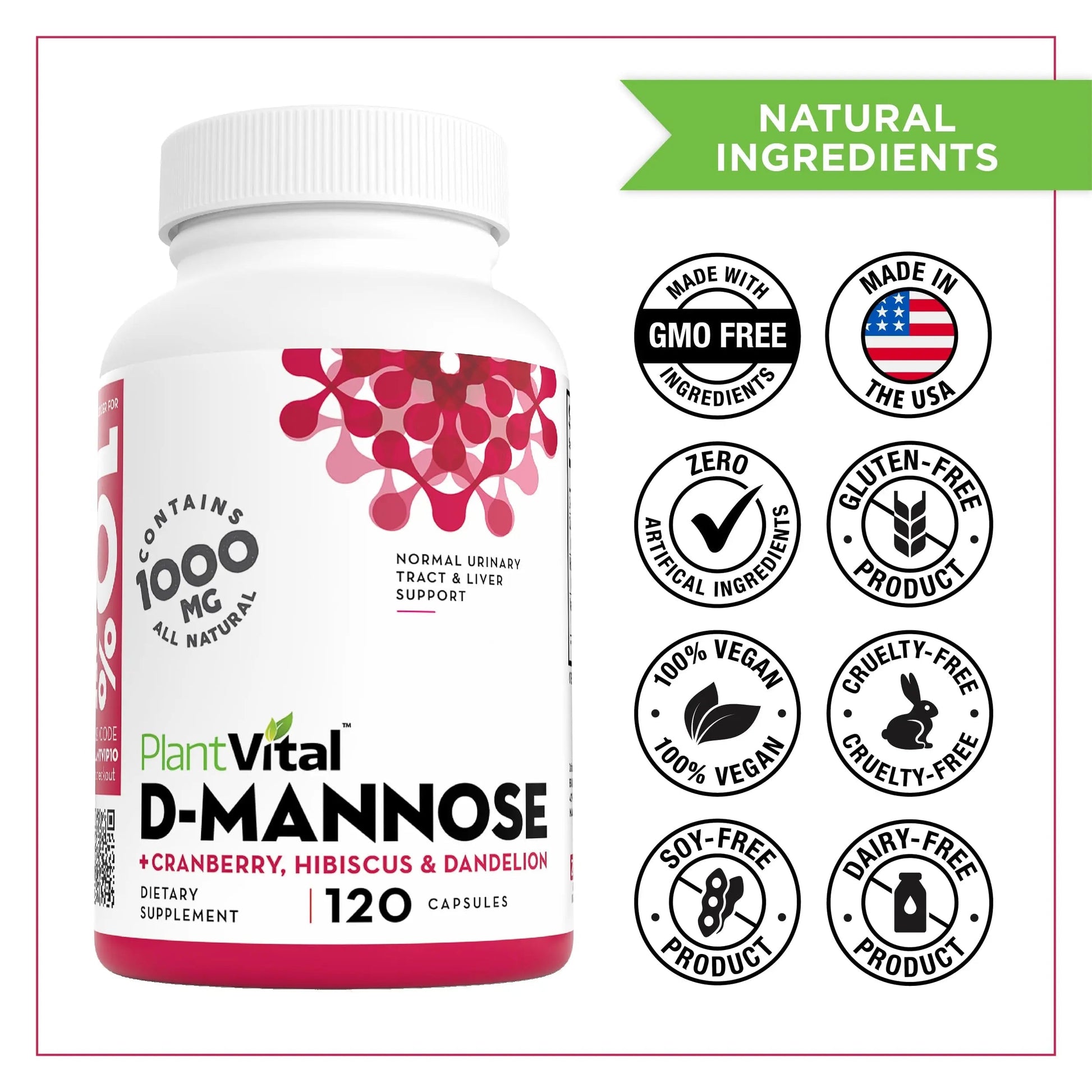 Plantvital D Mannose Capsules with Cranberry - D-mannose 1000mg Capsules - High Potency for Bladder, Kidney and Urinary Tract Support. Cranberry Powder with Hibiscus and Dandelion. 2 Months Supply Plantvital buy supplements canada