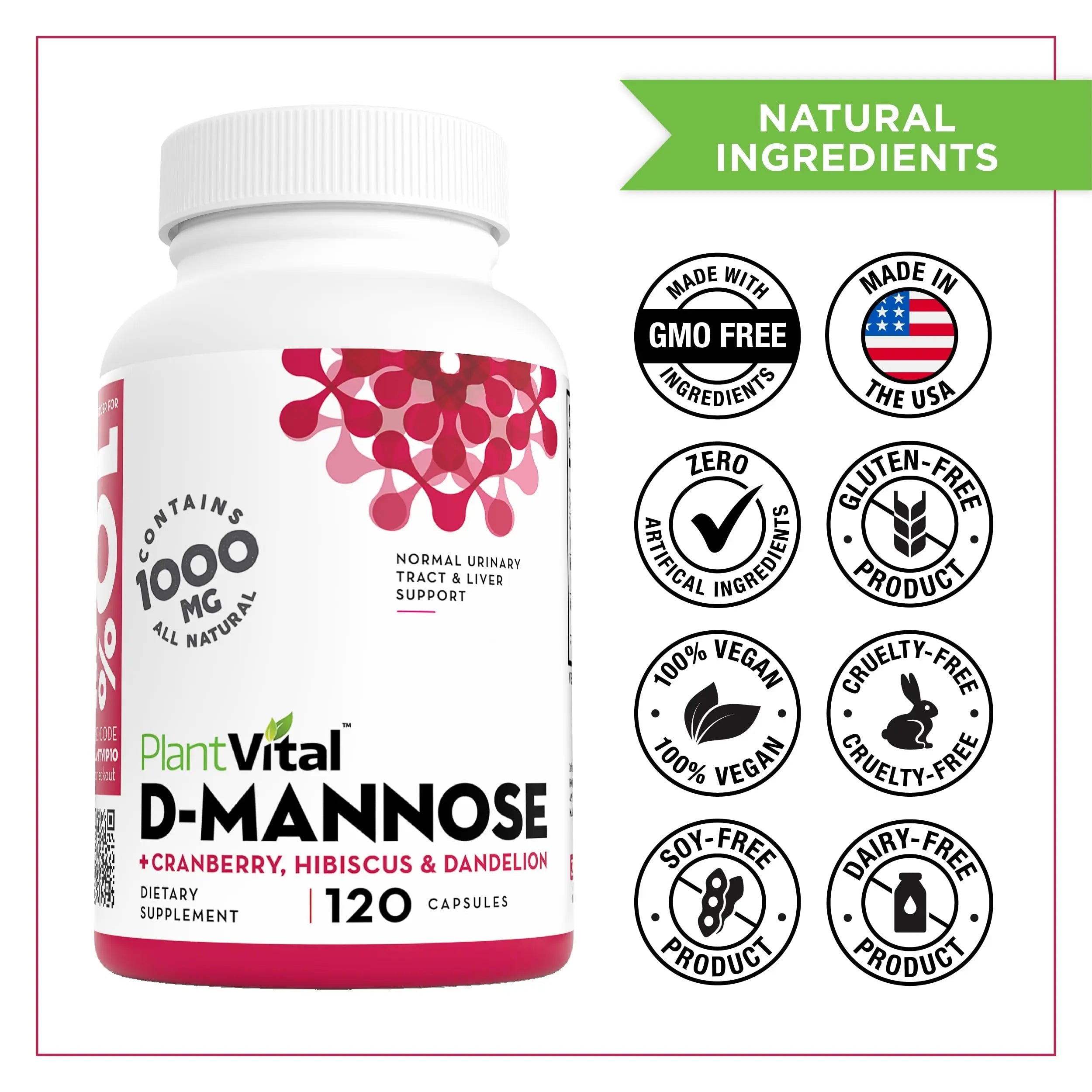 Plantvital D Mannose Capsules with Cranberry - D-mannose 1000mg Capsules - High Potency for Bladder, Kidney and Urinary Tract Support. Cranberry Powder with Hibiscus and Dandelion. 2 Months Supply Plantvital buy supplements canada