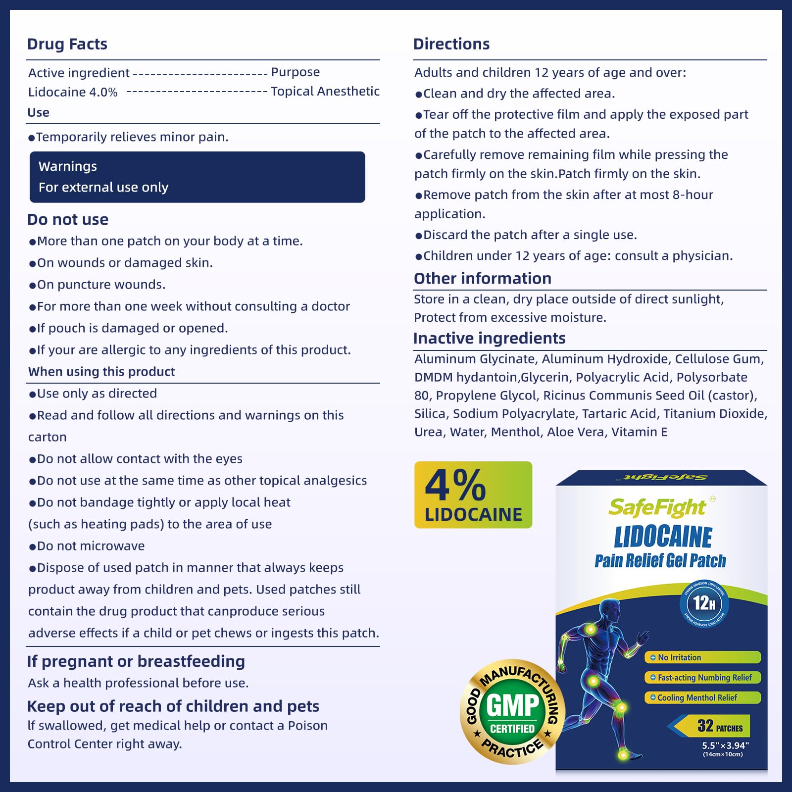 SafeFight 4% Lidocaine Pain Relief Patches 32 Count - Maximum Strength Relief for Back, Neck, Shoulder, Joint & Muscle Pain, Add Menthol, 12 Hour Long Lasting Relief Pains SafeFight buy supplements canada