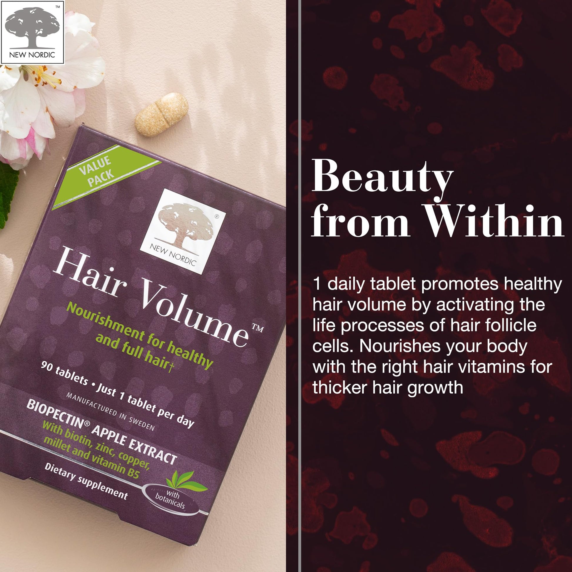 NEW NORDIC Hair Volume Tablets, 3000 mcg Biotin & Biopectin Apple Extract, Hair Vitamins to Support Natural Hair Growth, 90 Count (Pack of 1) NEW NORDIC buy supplements canada