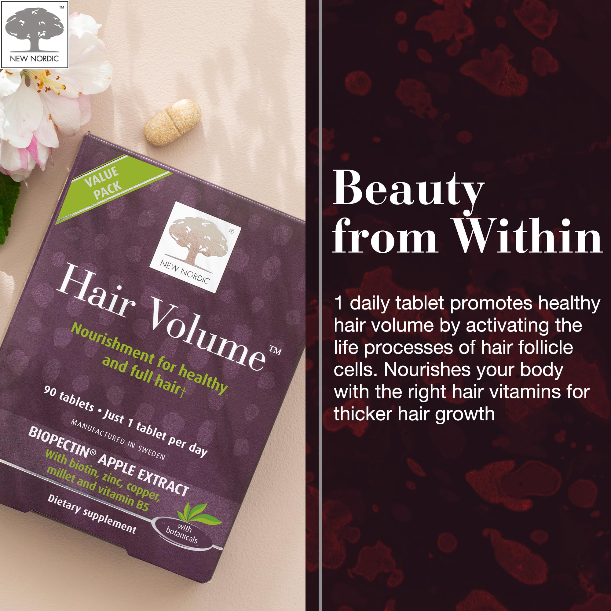 NEW NORDIC Hair Volume Tablets, 3000 mcg Biotin & Biopectin Apple Extract, Hair Vitamins to Support Natural Hair Growth, 90 Count (Pack of 1) NEW NORDIC buy supplements canada