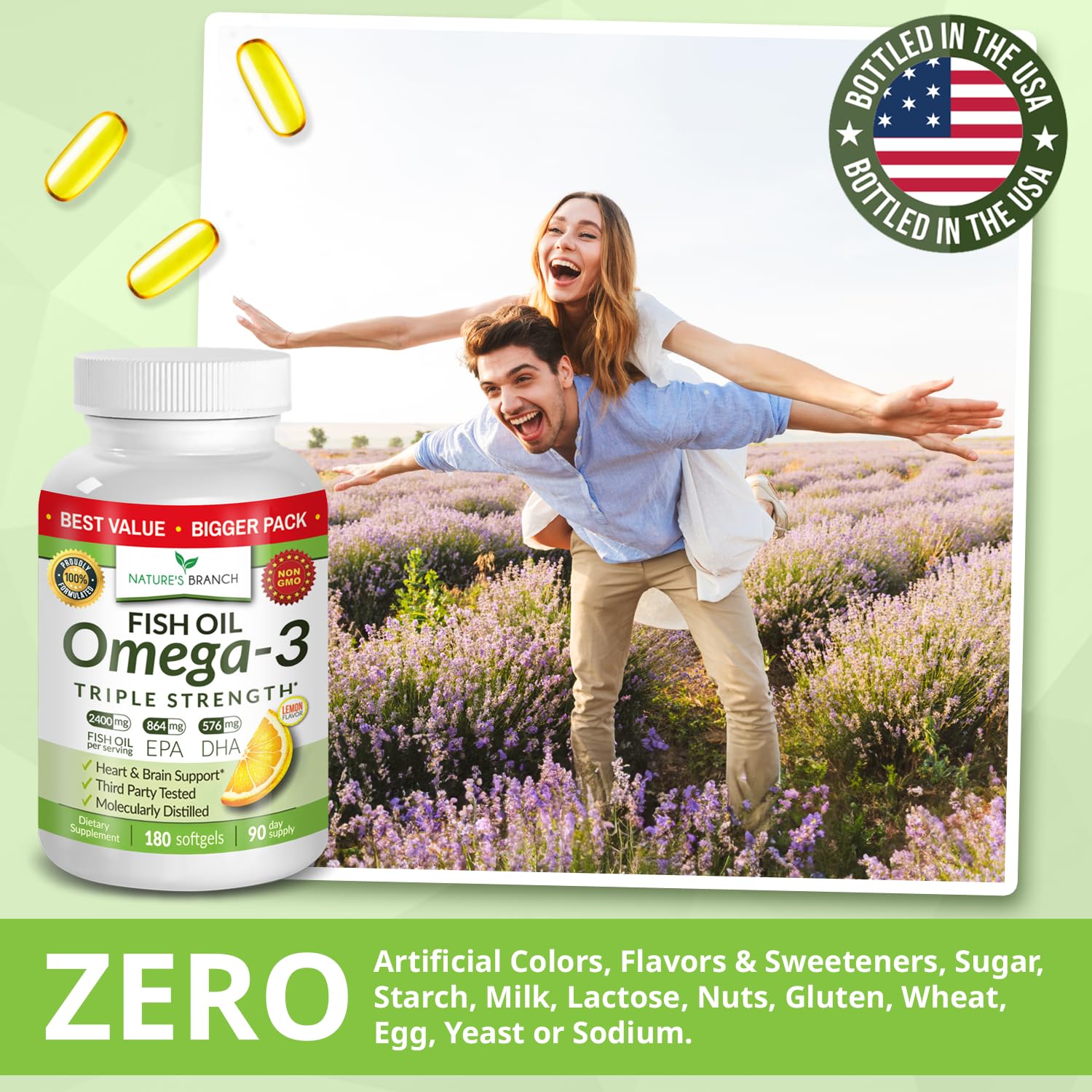 Triple Strength Omega 3 Fish Oil Supplements 2400mg | 180 Capsules, Burpless High Potency Lemon Flavor, High EPA DHA for Men & Women Ultra Pure Softgels NATURE'S BRANCH buy supplements canada