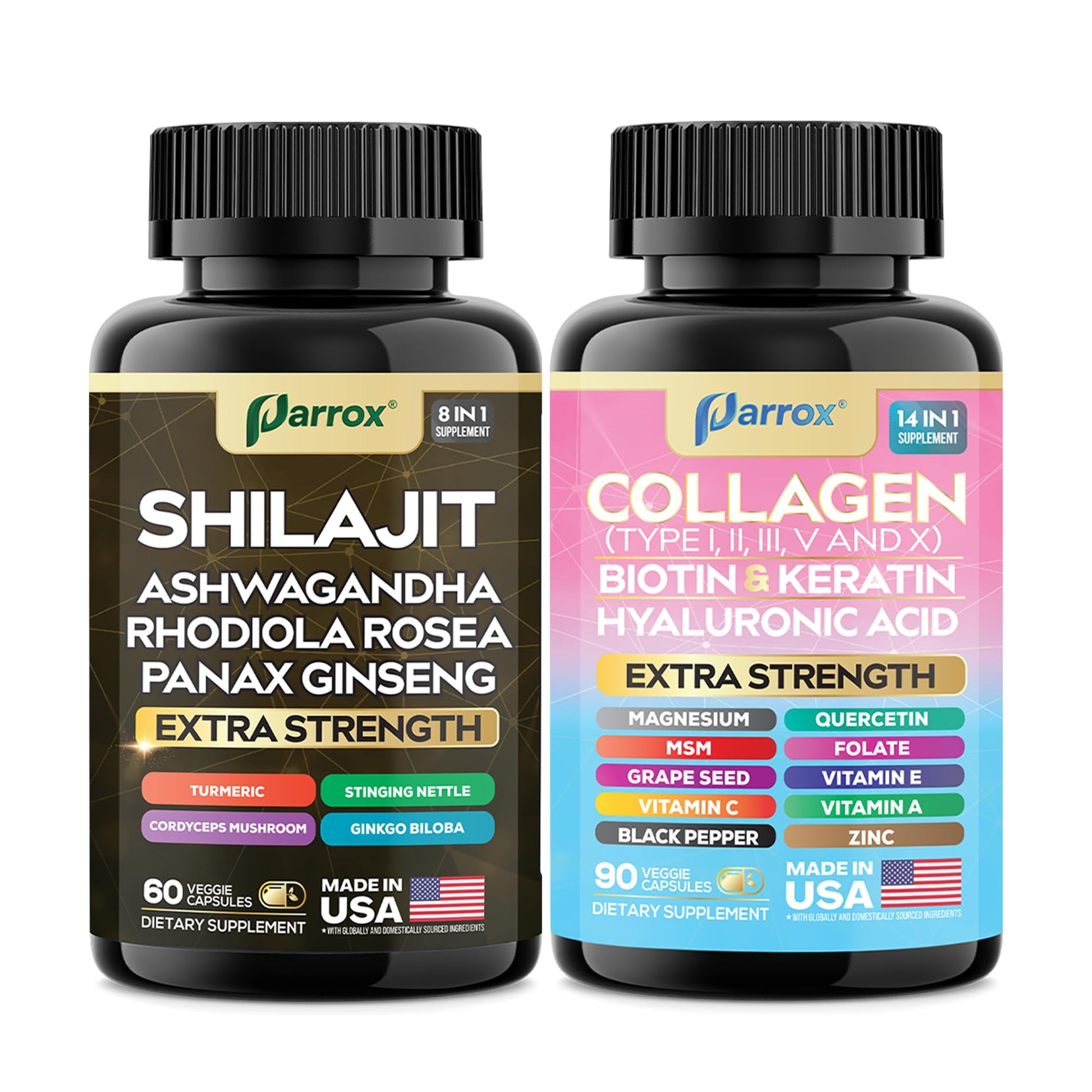 Parrox Adaptogen & Beauty Bundle – Rhodiola, Panax Ginseng, Ashwagandha, Cordyceps, Turmeric, Collagen, Biotin, Keratin, MSM, Hyaluronic Acid, Zinc, Quercetin, Vitamin C, A & E, Folate, Magnesium Parrox buy supplements canada