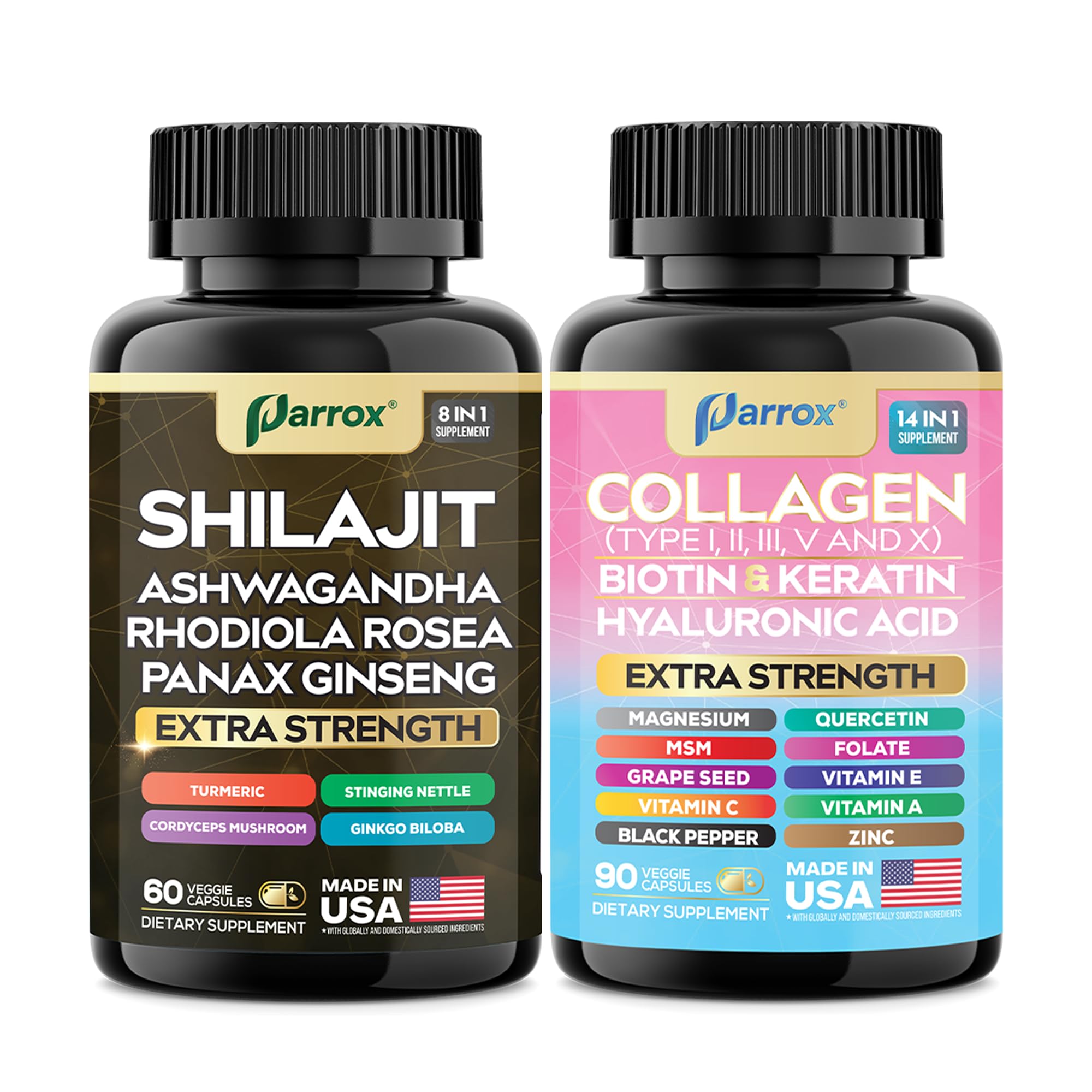 Parrox Adaptogen & Beauty Bundle – Rhodiola, Panax Ginseng, Ashwagandha, Cordyceps, Turmeric, Collagen, Biotin, Keratin, MSM, Hyaluronic Acid, Zinc, Quercetin, Vitamin C, A & E, Folate, Magnesium Parrox buy supplements canada