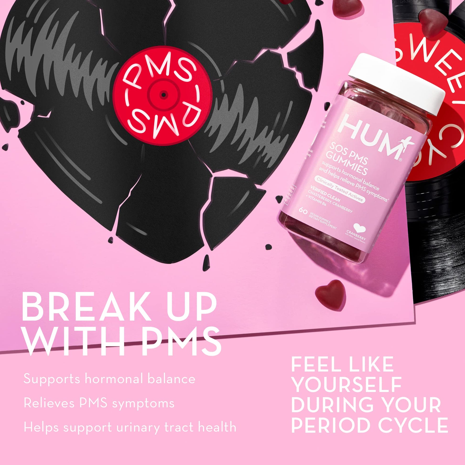 HUM Nutrition SOS PMS Gummies, PMS Support Supplement for Women, Support Cycle Symptoms, Bloating, Hormonal Balance, Includes Vitamin B6, Cranberry & Chasteberry Vitex, Gluten Free, 60 Vegan Gummies HUM buy supplements canada