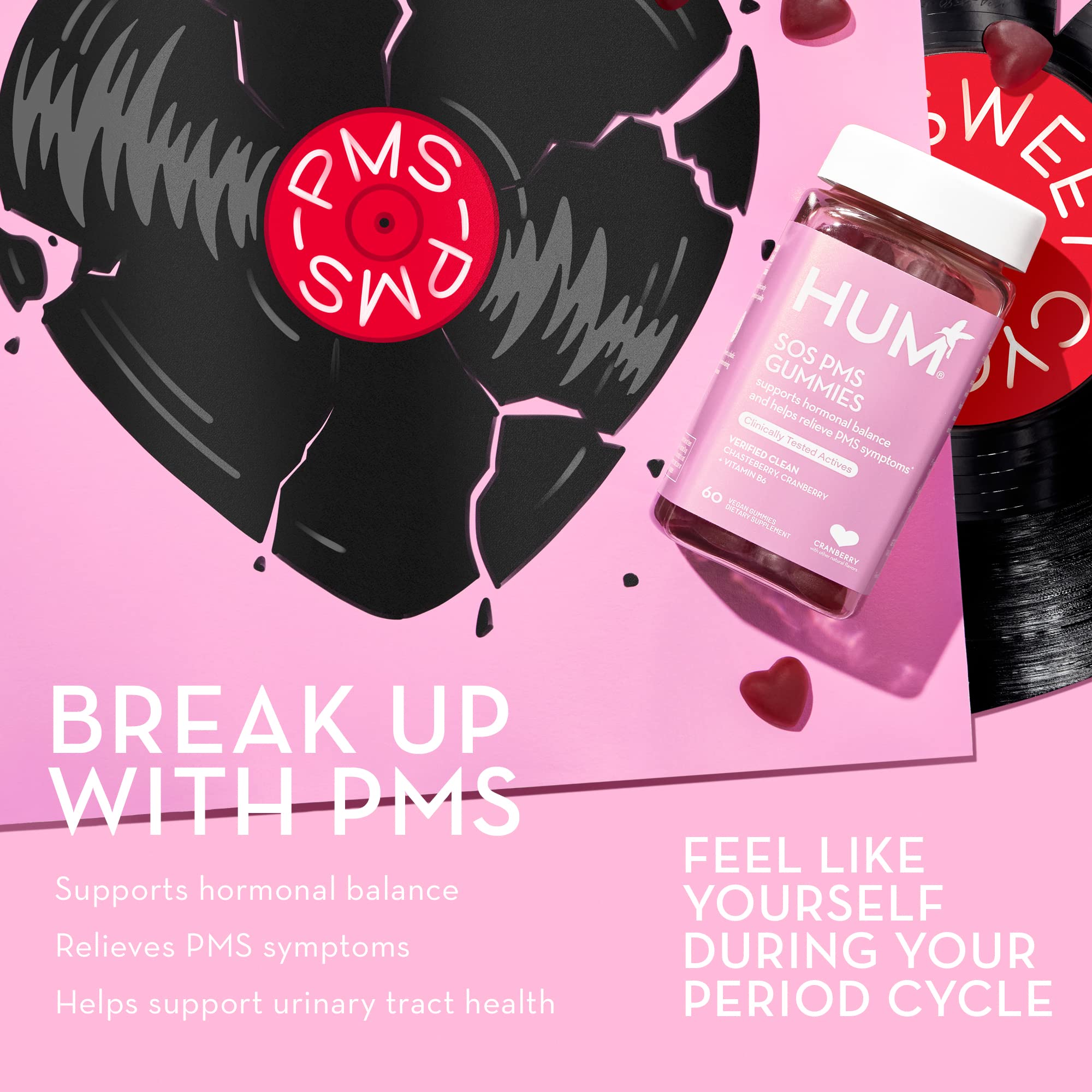 HUM Nutrition SOS PMS Gummies, PMS Support Supplement for Women, Support Cycle Symptoms, Bloating, Hormonal Balance, Includes Vitamin B6, Cranberry & Chasteberry Vitex, Gluten Free, 60 Vegan Gummies HUM buy supplements canada