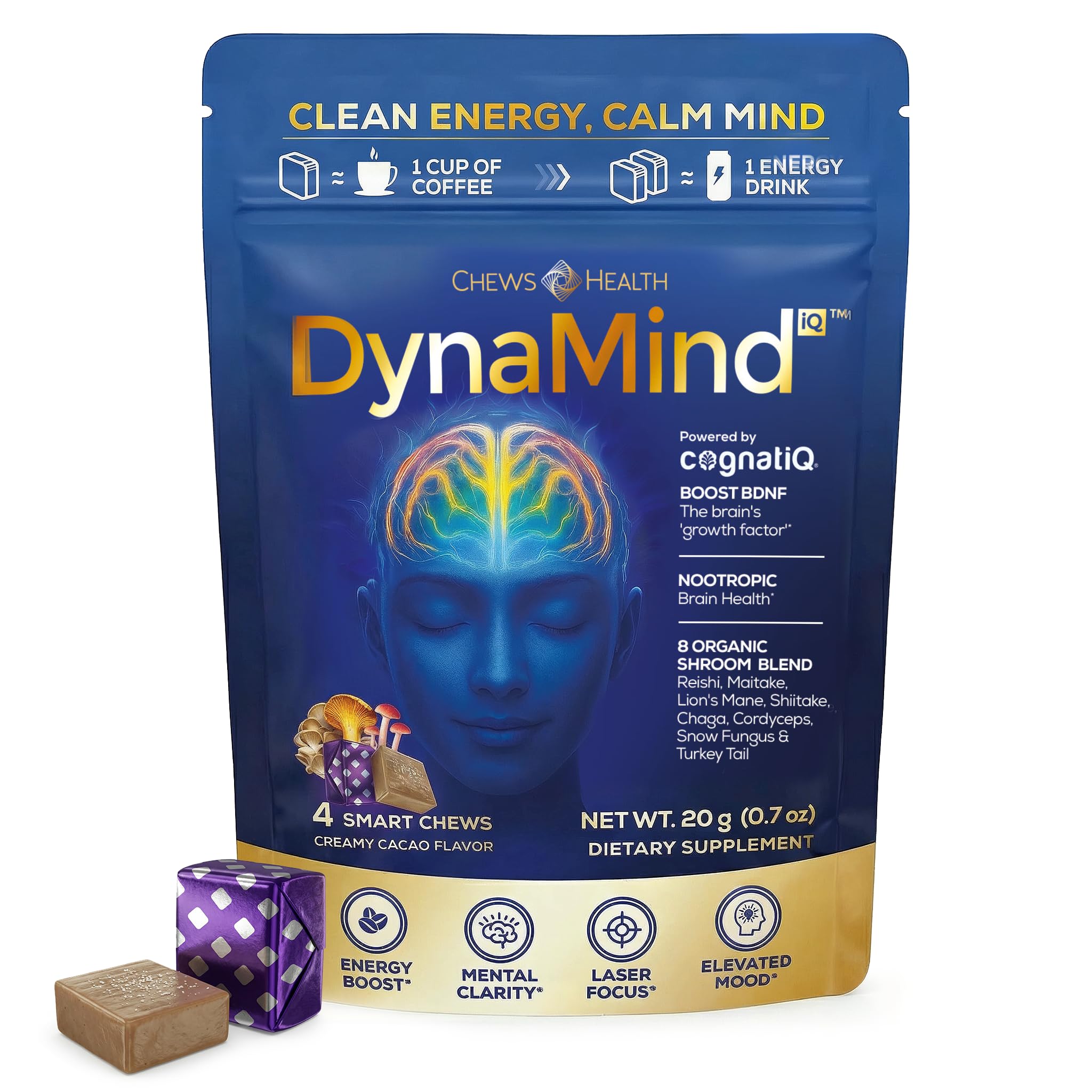 DynaMind iQ Brain Supplement for Memory and Focus for Adults - Nootropic Chews | Coffee Fruit & Mushroom Supplement Blend, Memory Focus Supplement, Caffeine Focus Pills Alternative, 4 Count CHEWSHEALTH buy supplements canada