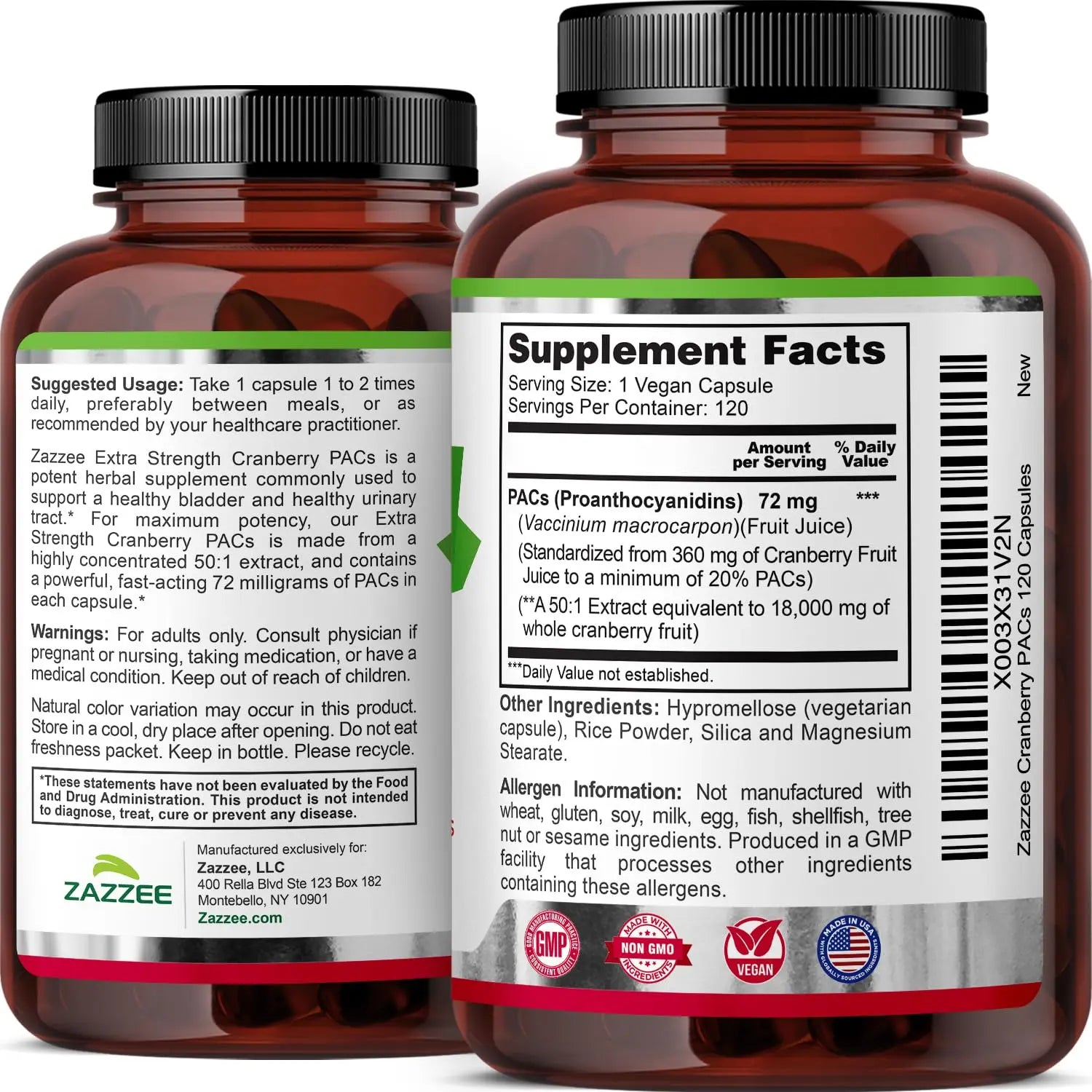 Zazzee Cranberry PACs, 72 mg PACs per Capsule, 2X Strength, 100% Soluble, 120 Vegan Capsules, 50:1 Extract, 18,200 mg Strength, Fast-Acting, Effective Urinary Tract Support, Made in The USA Zazzee buy supplements canada