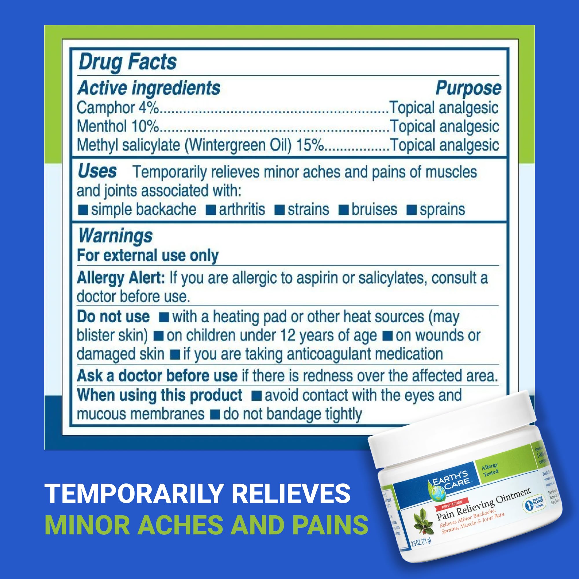 Earth's Care Triple Action Pain Relieving Ointment, No Parabens, Colors or Fragrances, Allergy-Tested 2.5 OZ. (2 Jars) Earth's Care buy supplements canada