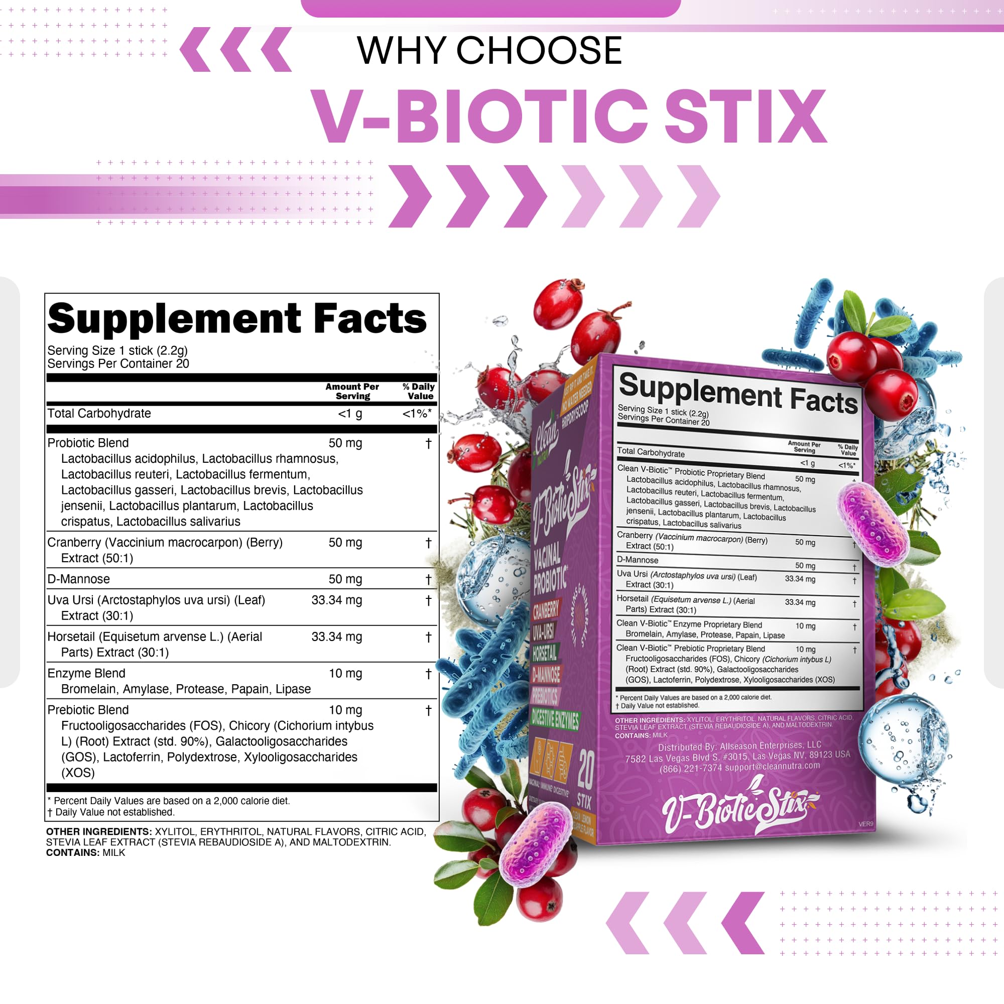 Clean Nutraceuticals Vaginal Probiotics for Women with Cranberry Extract, D-Mannose, Prebiotics, pH Balance for Women, Vaginal Health – Womens Probiotic Alternative to Gummies - 20 Stix Clean Nutraceuticals buy supplements canada