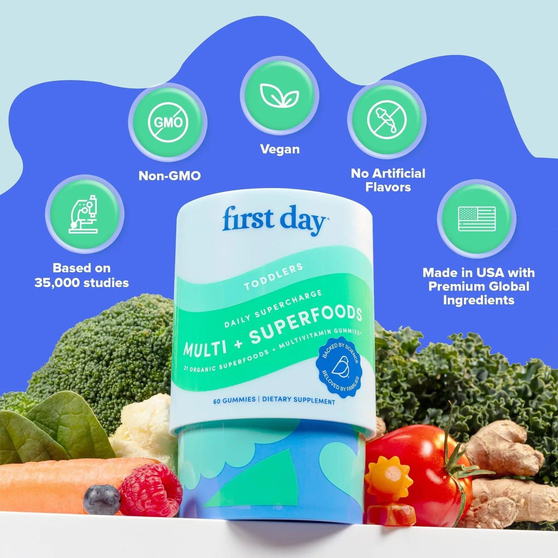 FIRST DAY Toddler Multivitamin Gummies (Ages 2-3)| Kids Multivitamin Gummies with Vitamins A C D3, B2, B12, Choline, Folate and 21 Organic Superfoods| (30 Day Supply) FIRST DAY buy supplements canada