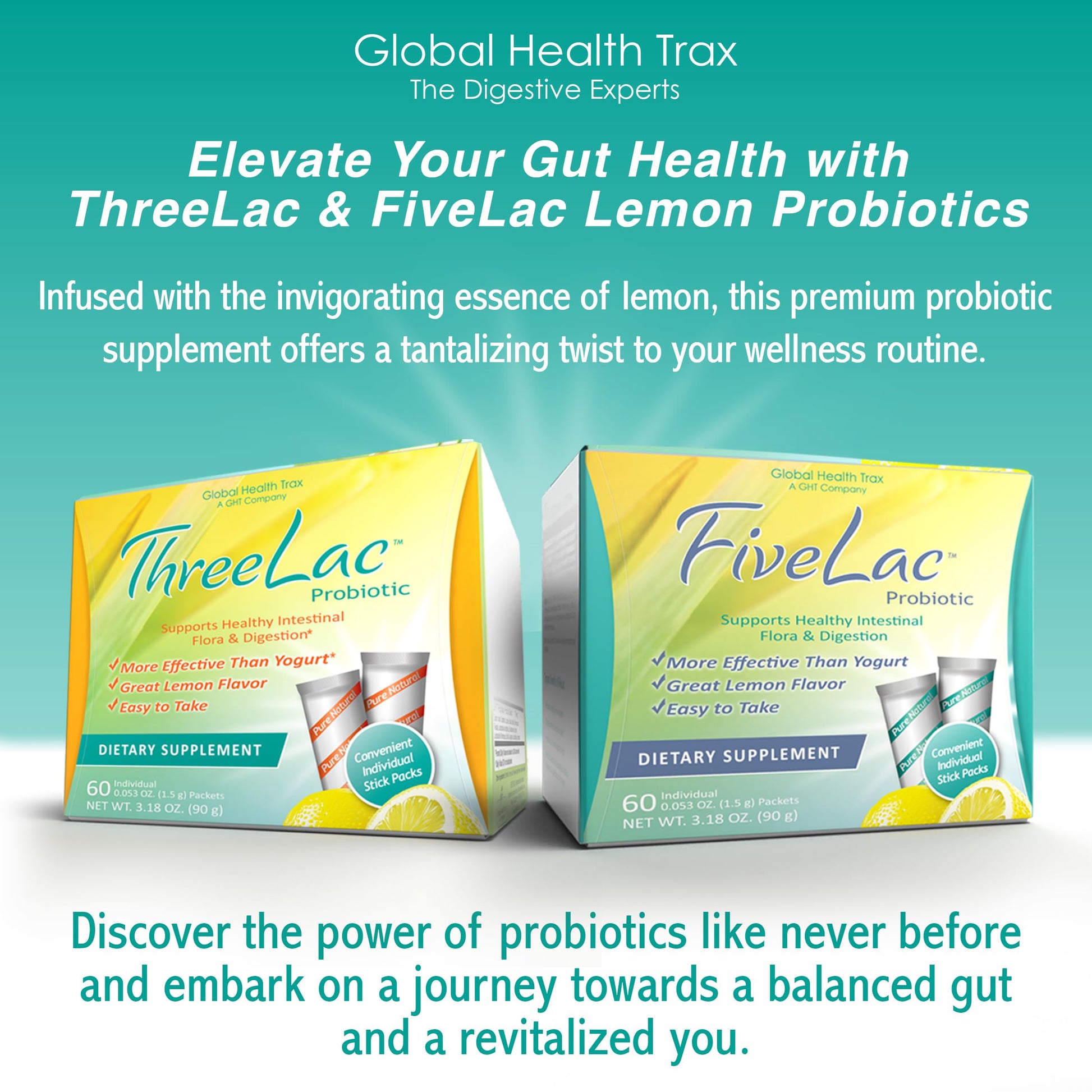 Global Health Trax GHT - FiveLac + Threelac Lemon Probiotic Powder Drink Mix, Probiotics for Women, Men, Kids, Smooth Digestive Support & Elimination, Relieves Constipation & Gas - 60 Packets, Non-GMO ght Global Health Trax buy supplements canada