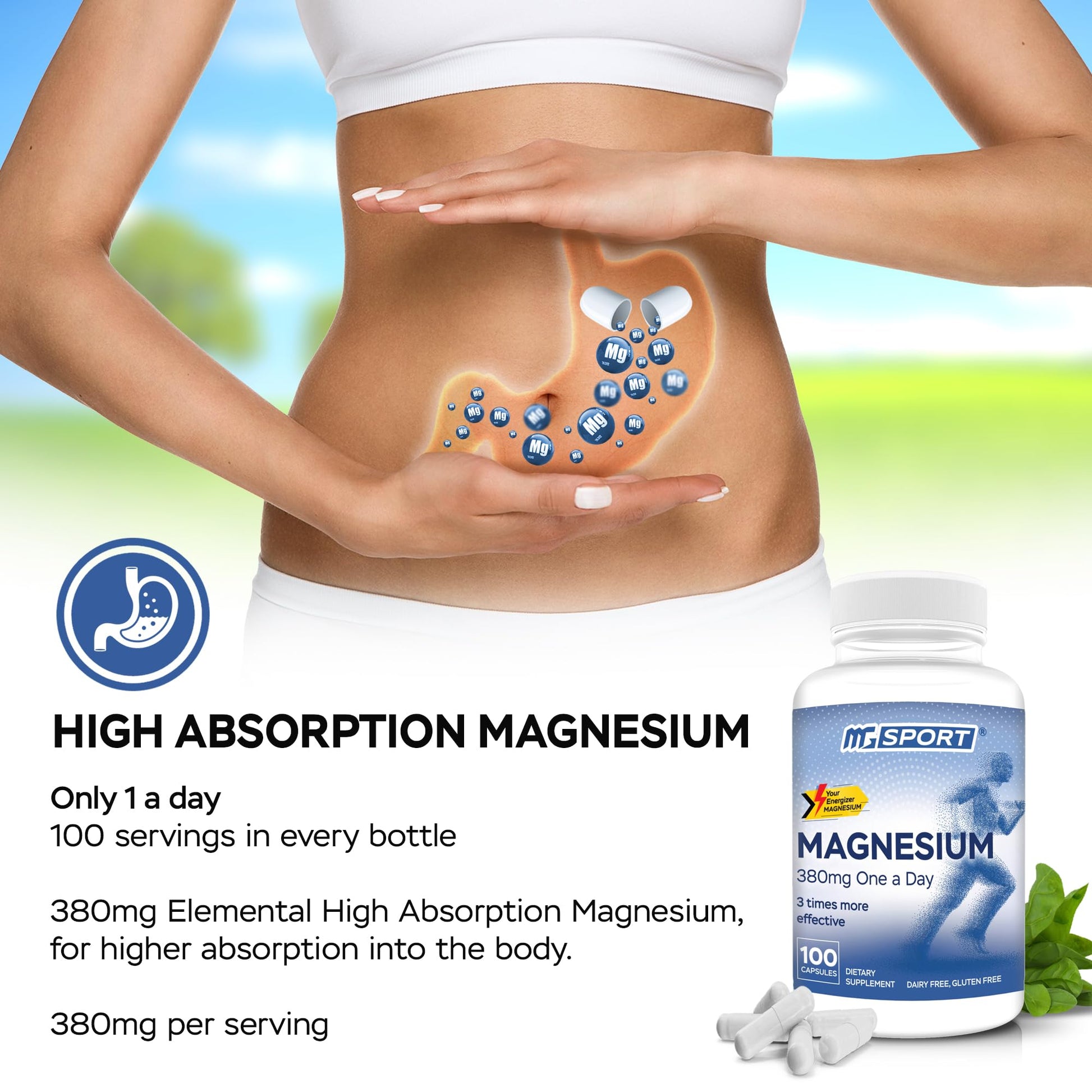 MGSPORT Magnesium Supplement 380mg - High Absorption Magnesium Complex Formula with Vitamins B6, D, E - Supports Muscle Function and Sleep Quality - 100 Servings MgSport buy supplements canada